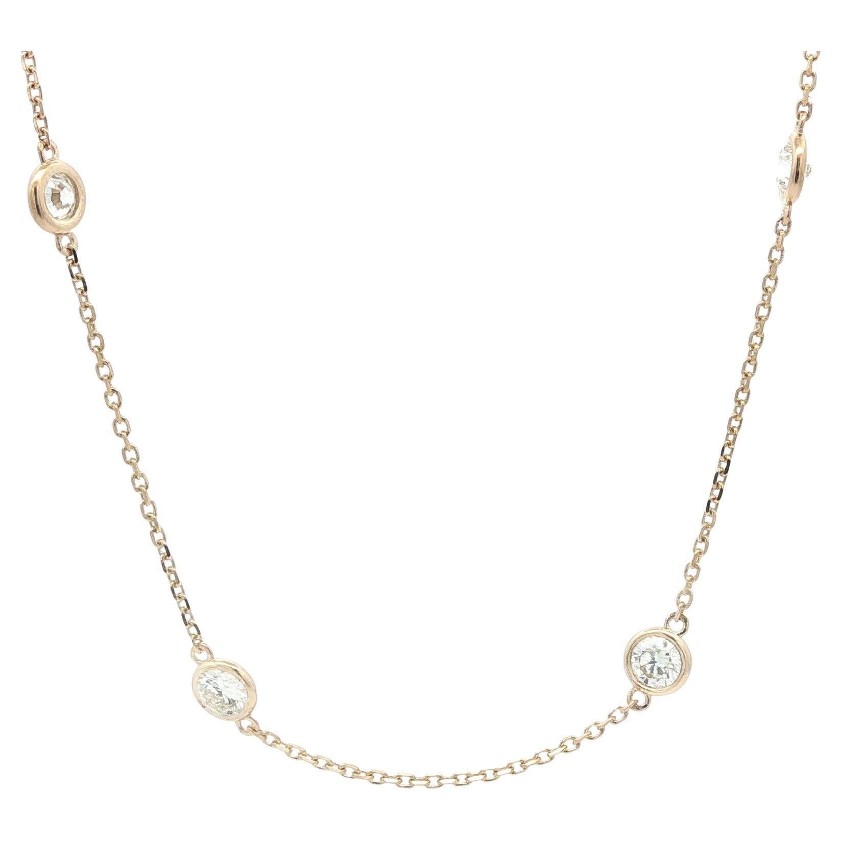 New 14k Yellow Gold 3.01ctw Round Diamond 10 Station By The Yard Chain Necklace