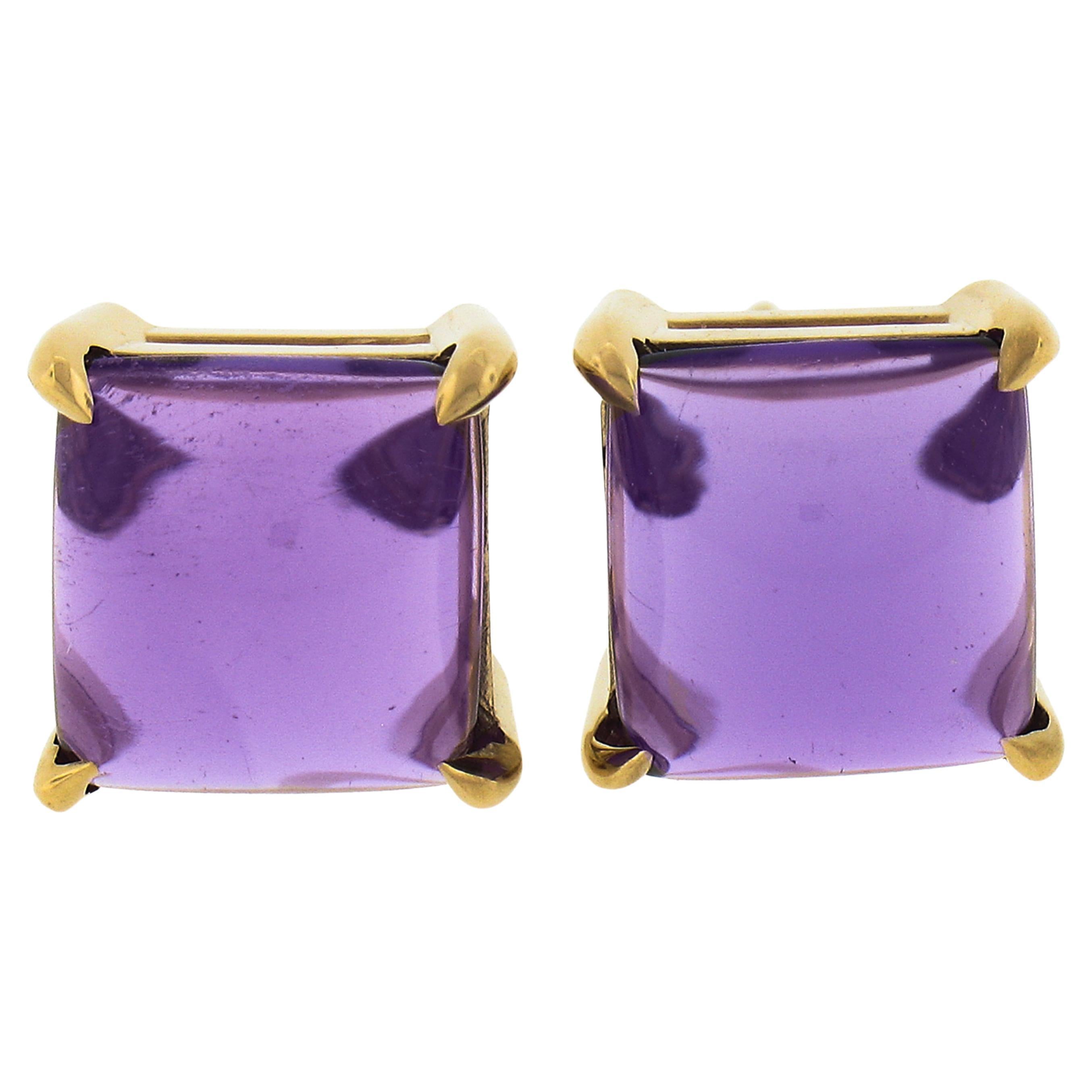 New 14k Yellow Gold 3.8ctw Square Cabochon Natural Purple Amethyst Stud Earrings