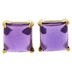 New 14k Yellow Gold 3.8ctw Square Cabochon Natural Purple Amethyst Stud Earrings