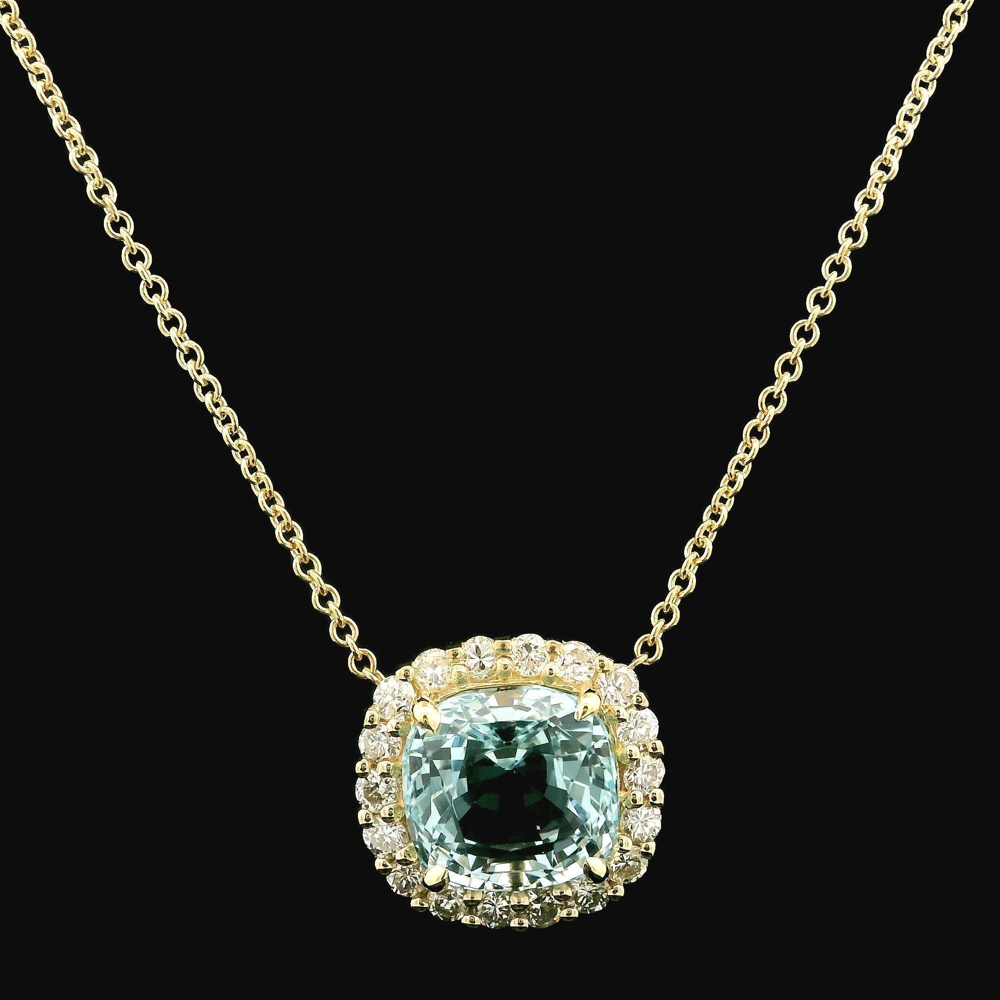 --Stone(s):--
(1) Natural Genuine Aquamarine - Cushion Cut - Prong Set - Sky Blue Color - 4.10ct (exact)
(18) Natural Genuine Diamonds - Round Brilliant Cut - Prong Set - White Color - VS2-SI2 Clarity - 0.60ctw (exact)
Total Carat Weight: 4.70