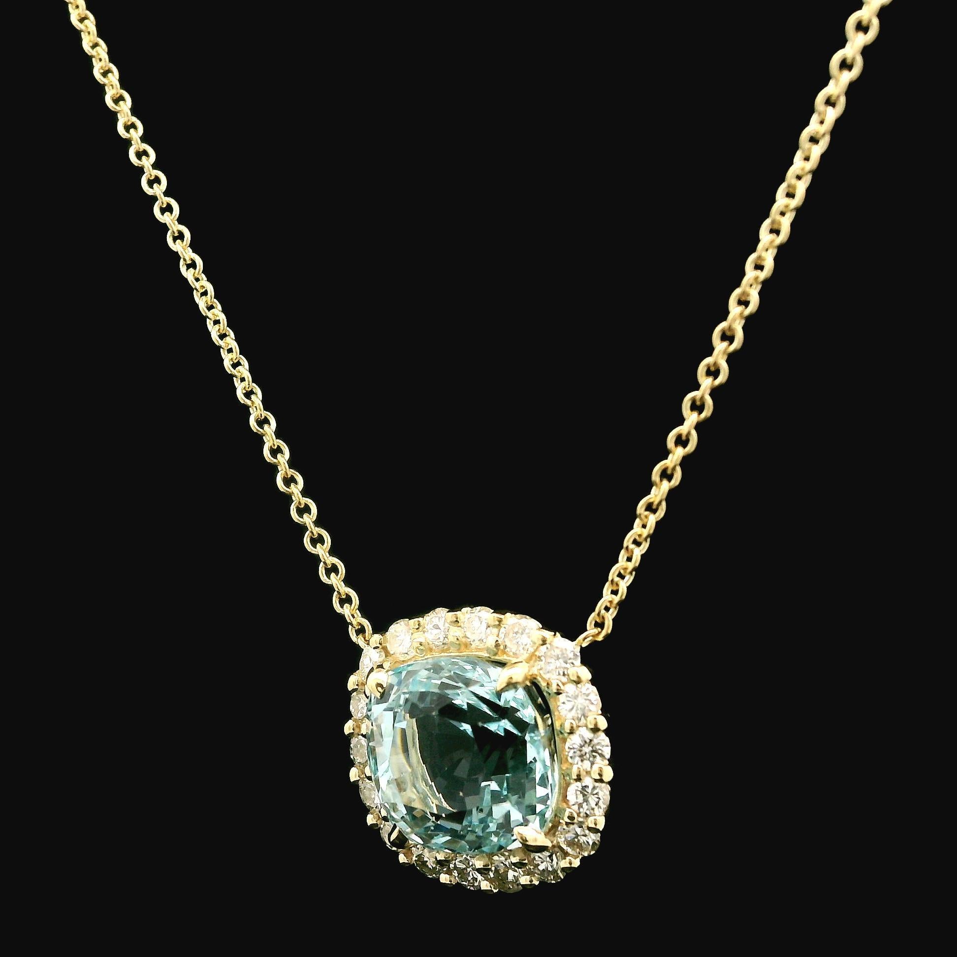 Cushion Cut New 14k Yellow Gold 4.70ctw Cushion Aquamarine w/ Diamond Halo Pendant Necklace For Sale