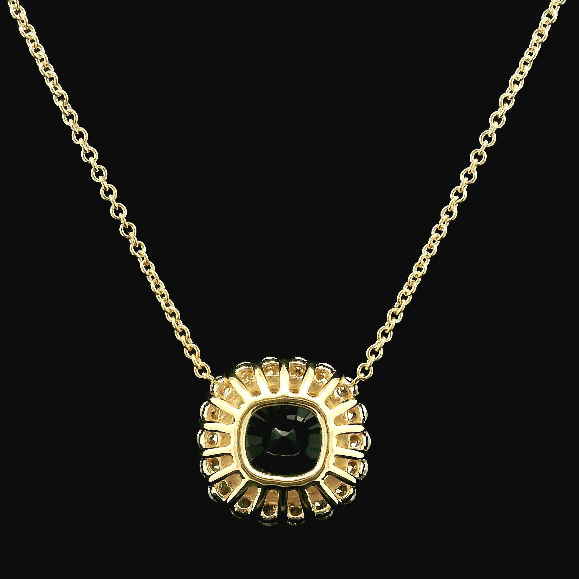 New 14k Yellow Gold 4.70ctw Cushion Aquamarine w/ Diamond Halo Pendant Necklace In New Condition For Sale In Montclair, NJ