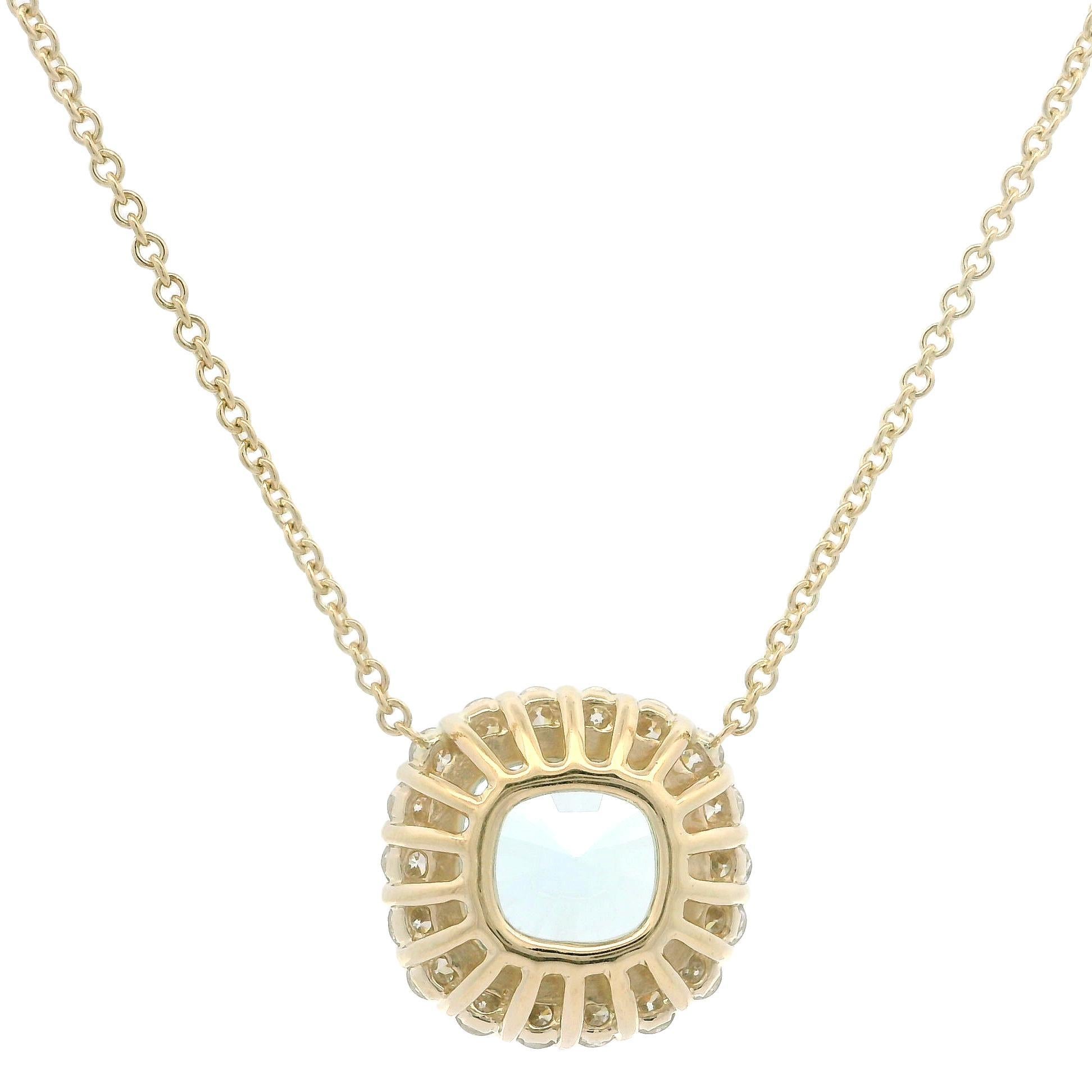 New 14k Yellow Gold 4.70ctw Cushion Aquamarine w/ Diamond Halo Pendant Necklace For Sale 1