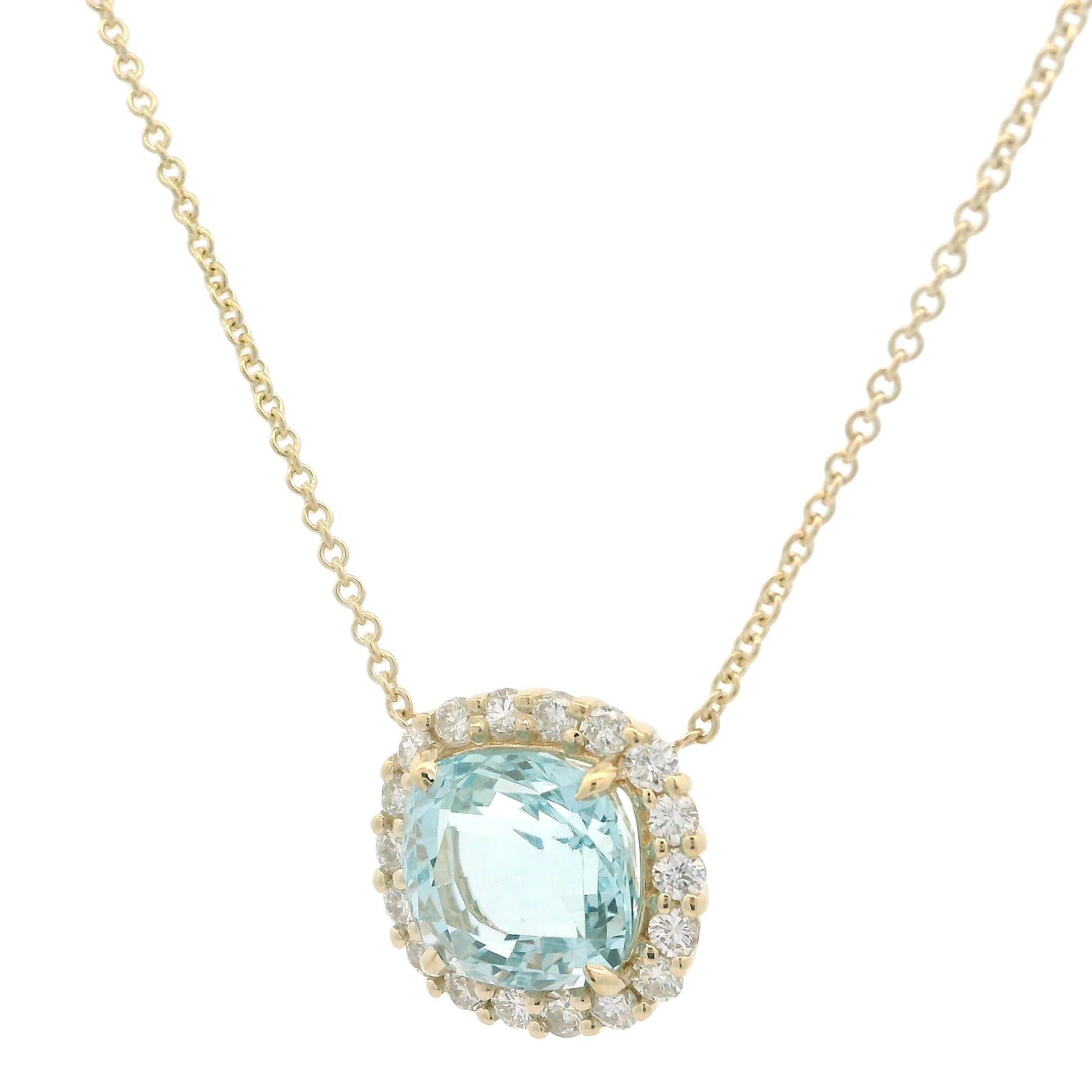New 14k Yellow Gold 4.70ctw Cushion Aquamarine w/ Diamond Halo Pendant Necklace For Sale 2