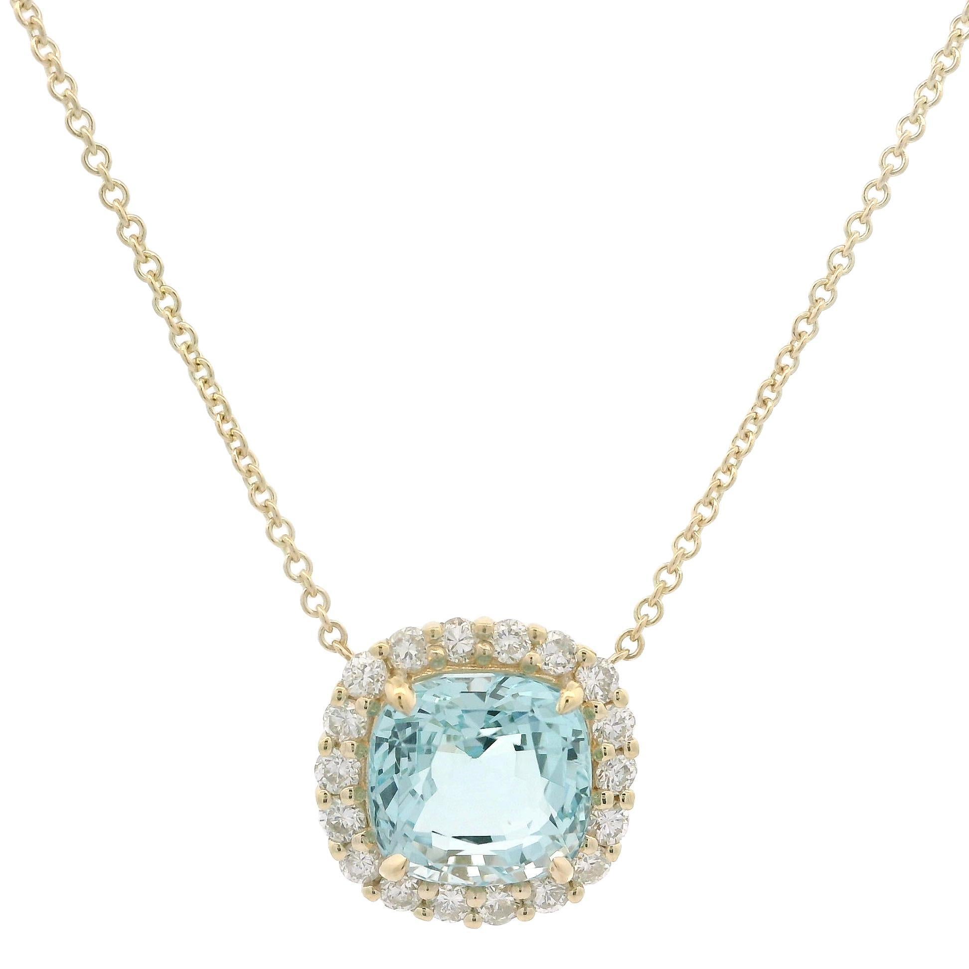 New 14k Yellow Gold 4.70ctw Cushion Aquamarine w/ Diamond Halo Pendant Necklace For Sale 3