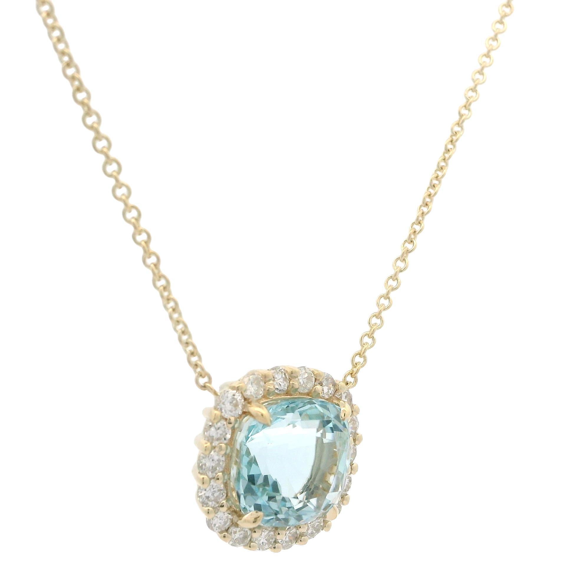 New 14k Yellow Gold 4.70ctw Cushion Aquamarine w/ Diamond Halo Pendant Necklace For Sale 4