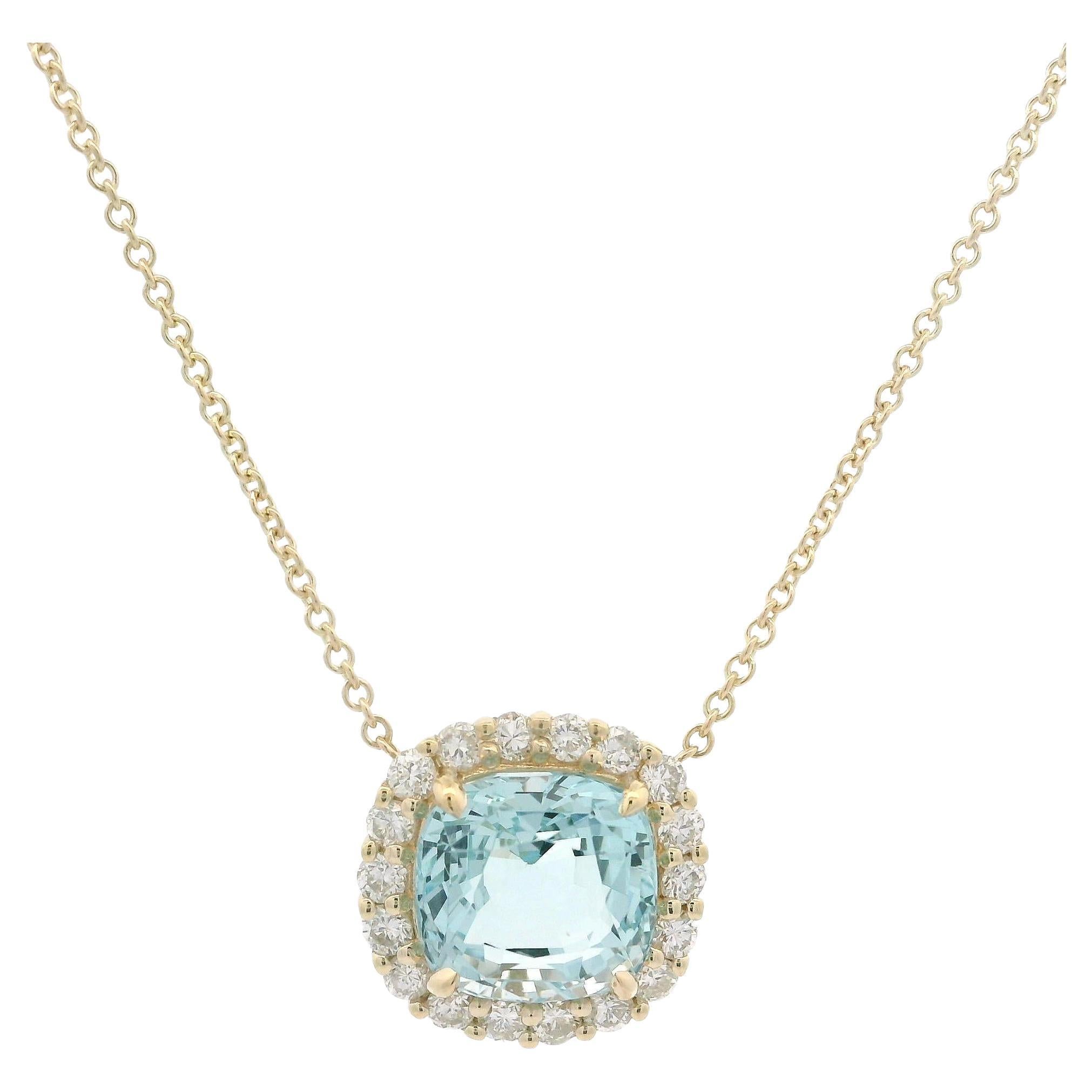 New 14k Yellow Gold 4.70ctw Cushion Aquamarine w/ Diamond Halo Pendant Necklace