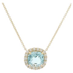 New 14k Yellow Gold 4.70ctw Cushion Aquamarine w/ Diamond Halo Pendant Necklace