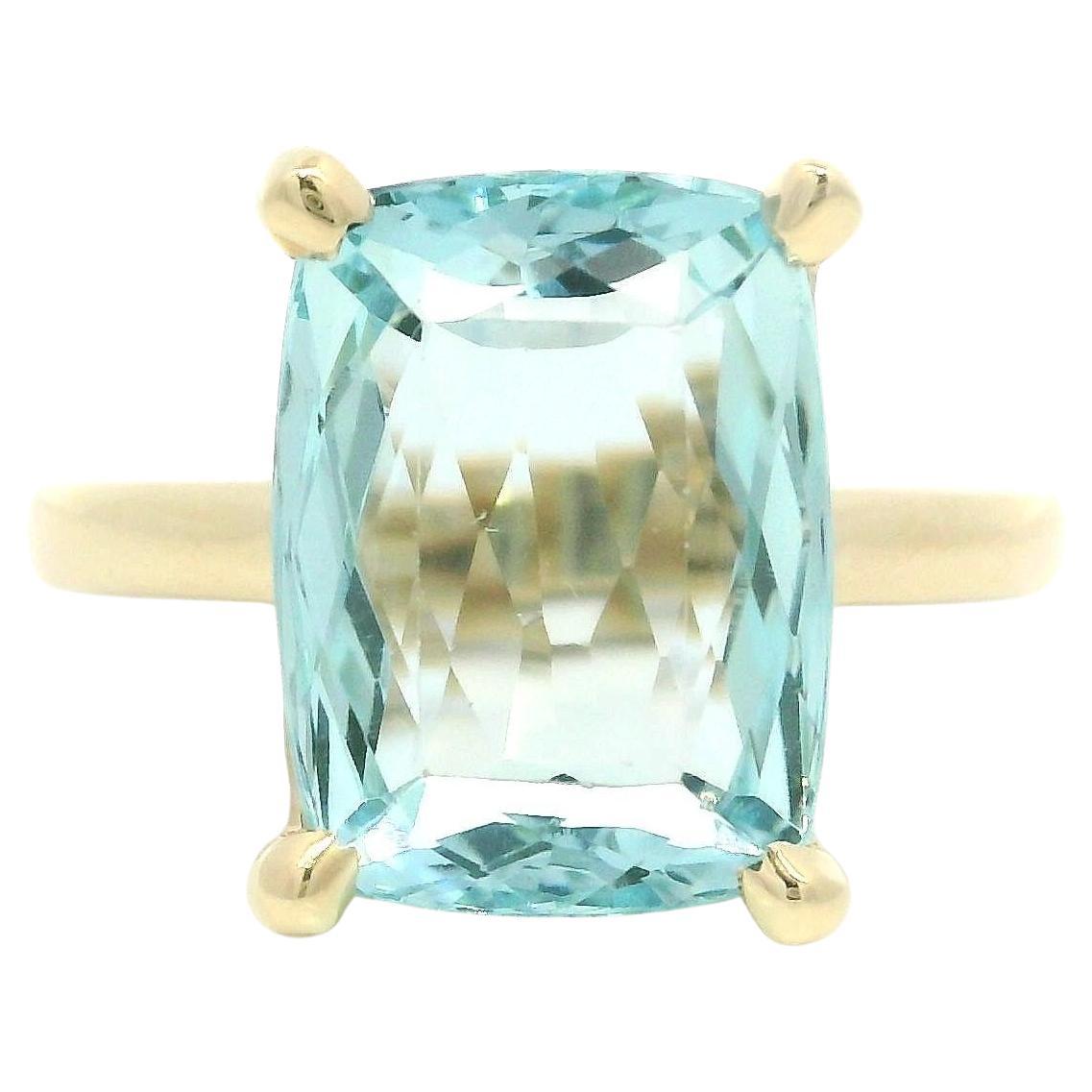 NUEVO Anillo Solitario de Aguamarina Azul Cushion de Oro Amarillo de 14k de 6,12 ctw