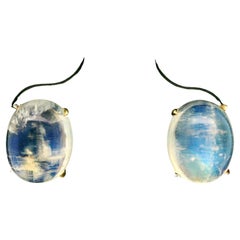 New 14k Yellow Gold 9.92ctw Oval Cabochon Cut Blue Moonstone Stud Earrings