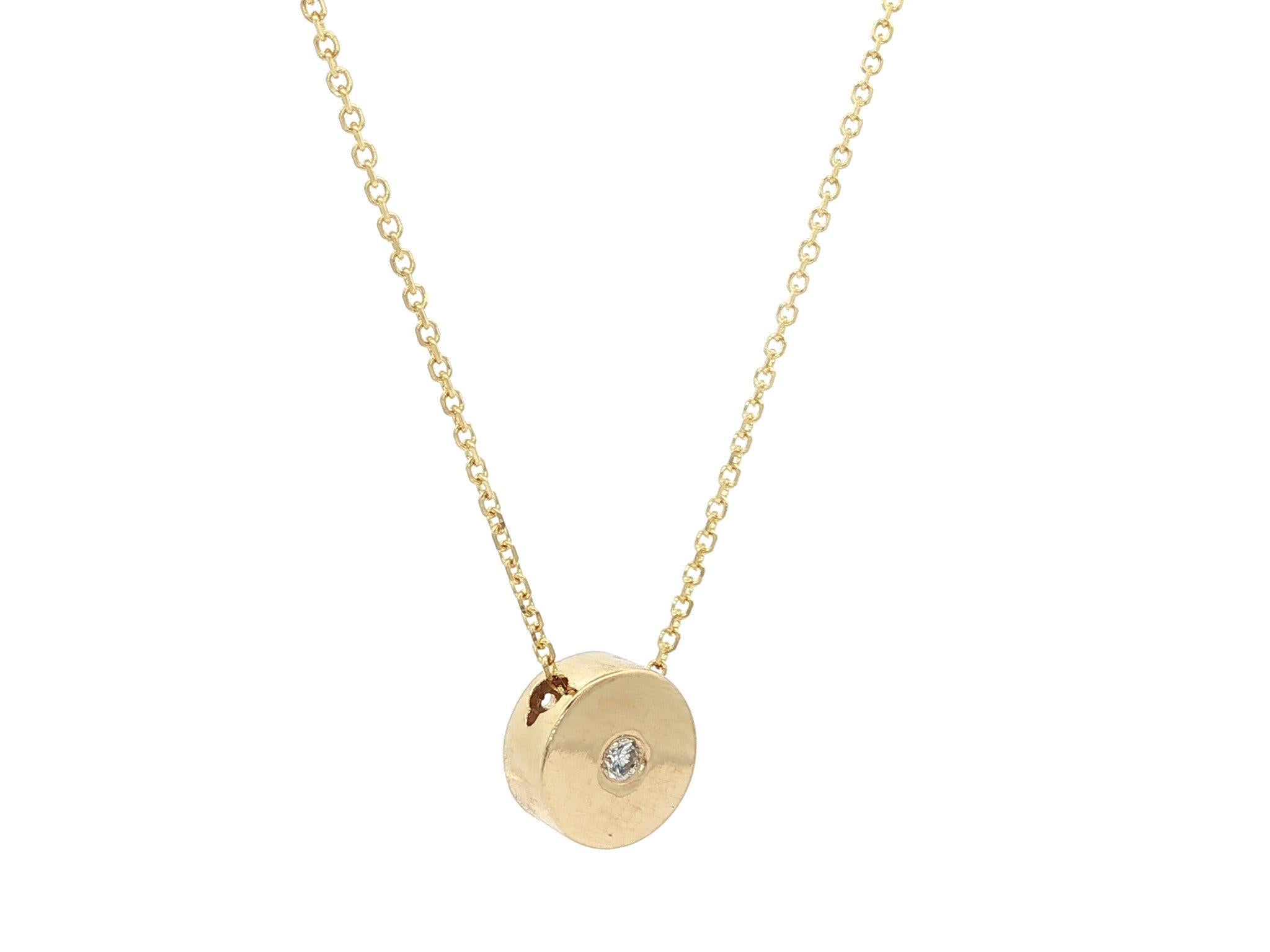 New 14k Yellow Gold Diamond Round Circle Disk Slide Pendant Necklace Neuf - En vente à Montclair, NJ