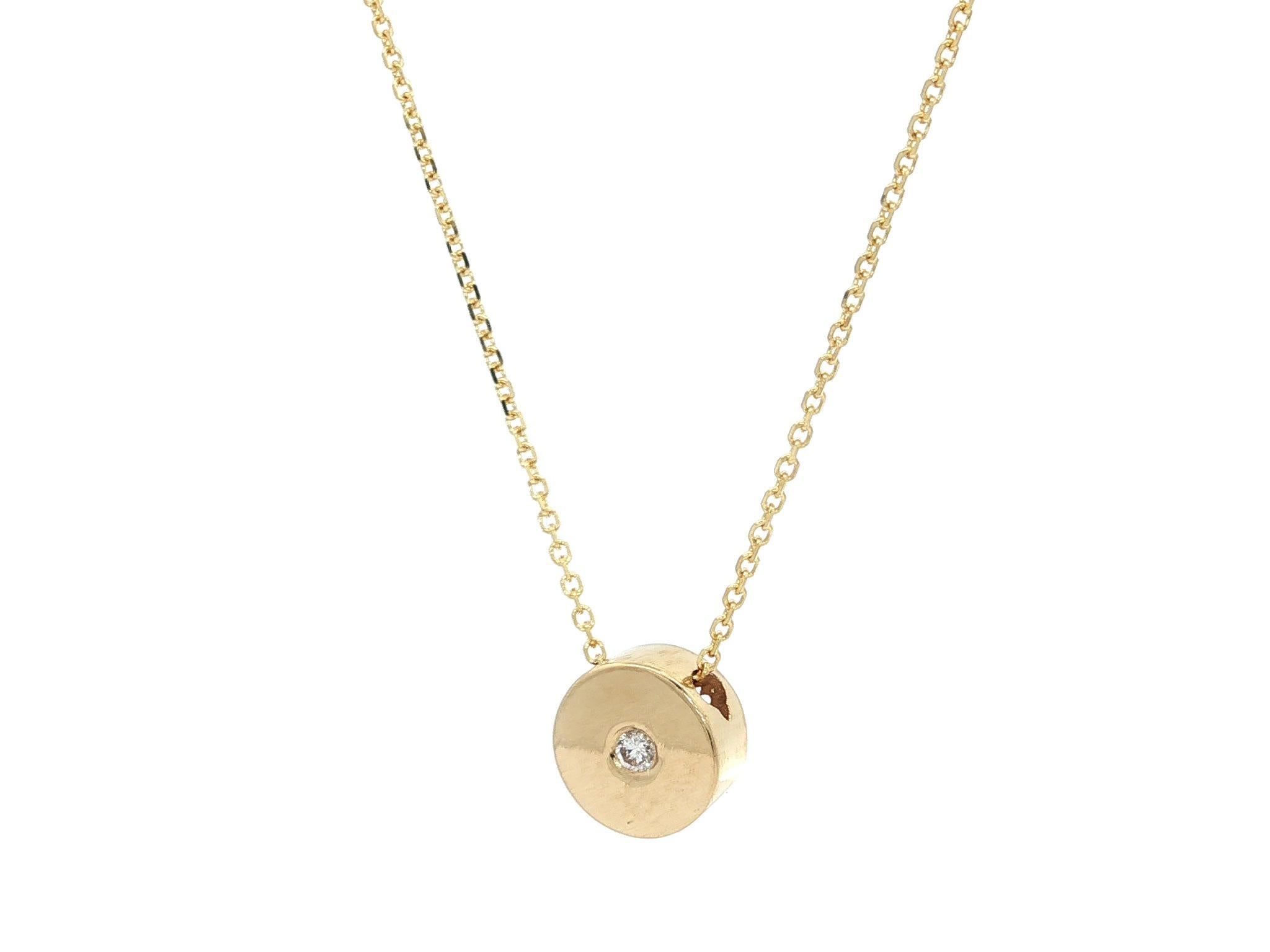 New 14k Yellow Gold Diamond Round Circle Disk Slide Pendant Necklace Pour femmes en vente