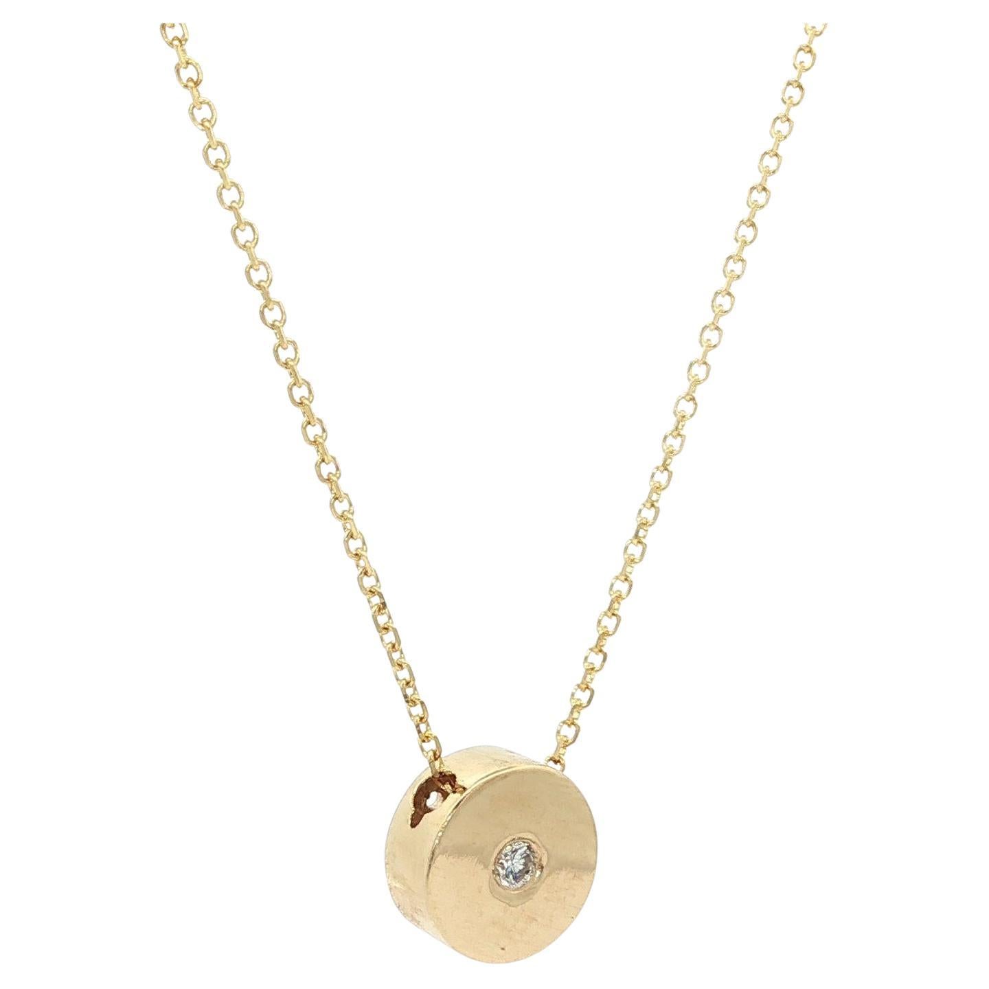 New 14k Yellow Gold Diamond Round Circle Disk Slide Pendant Necklace