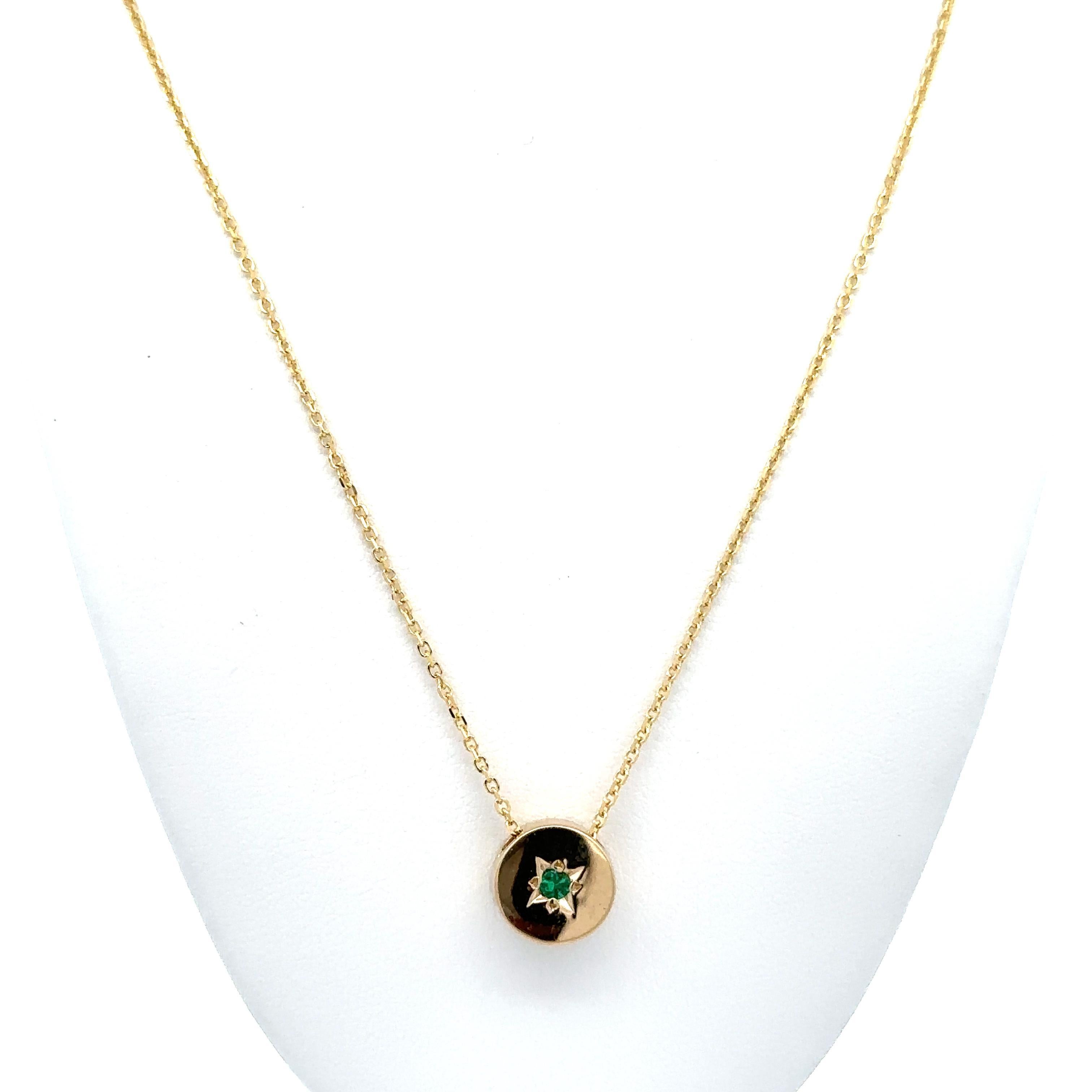 New 14k Yellow Gold Emerald Round Disk Circle Slide Pendant Necklace Damen im Angebot