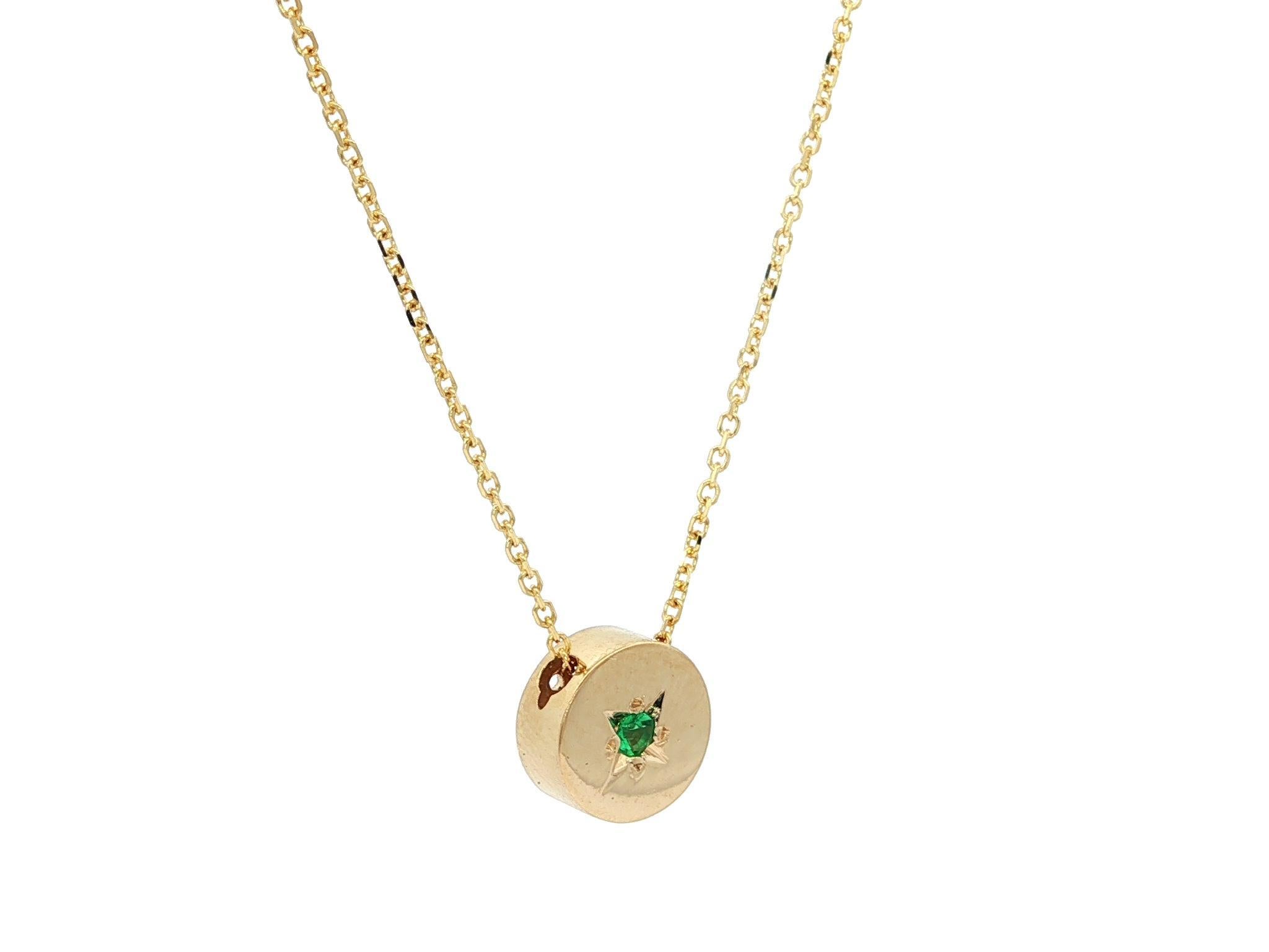 New 14k Yellow Gold Emerald Round Disk Circle Slide Pendant Necklace im Angebot 2