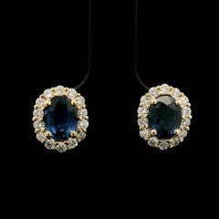 New 14k Yellow Gold GIA 2.62ctw Oval Sapphire w/ Diamond Halo Stud Earrings