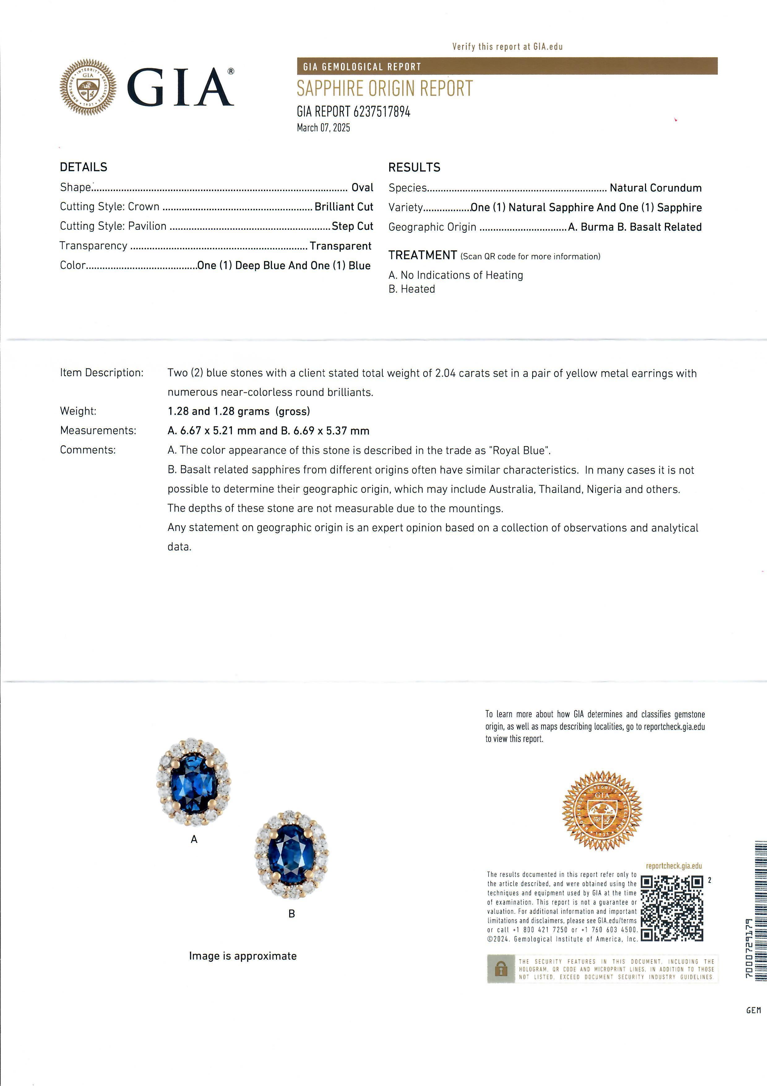 Clous d'oreilles en or jaune 14 carats avec saphir ovale de 2,62 carats certifié GIA et halo de diamants en vente 2