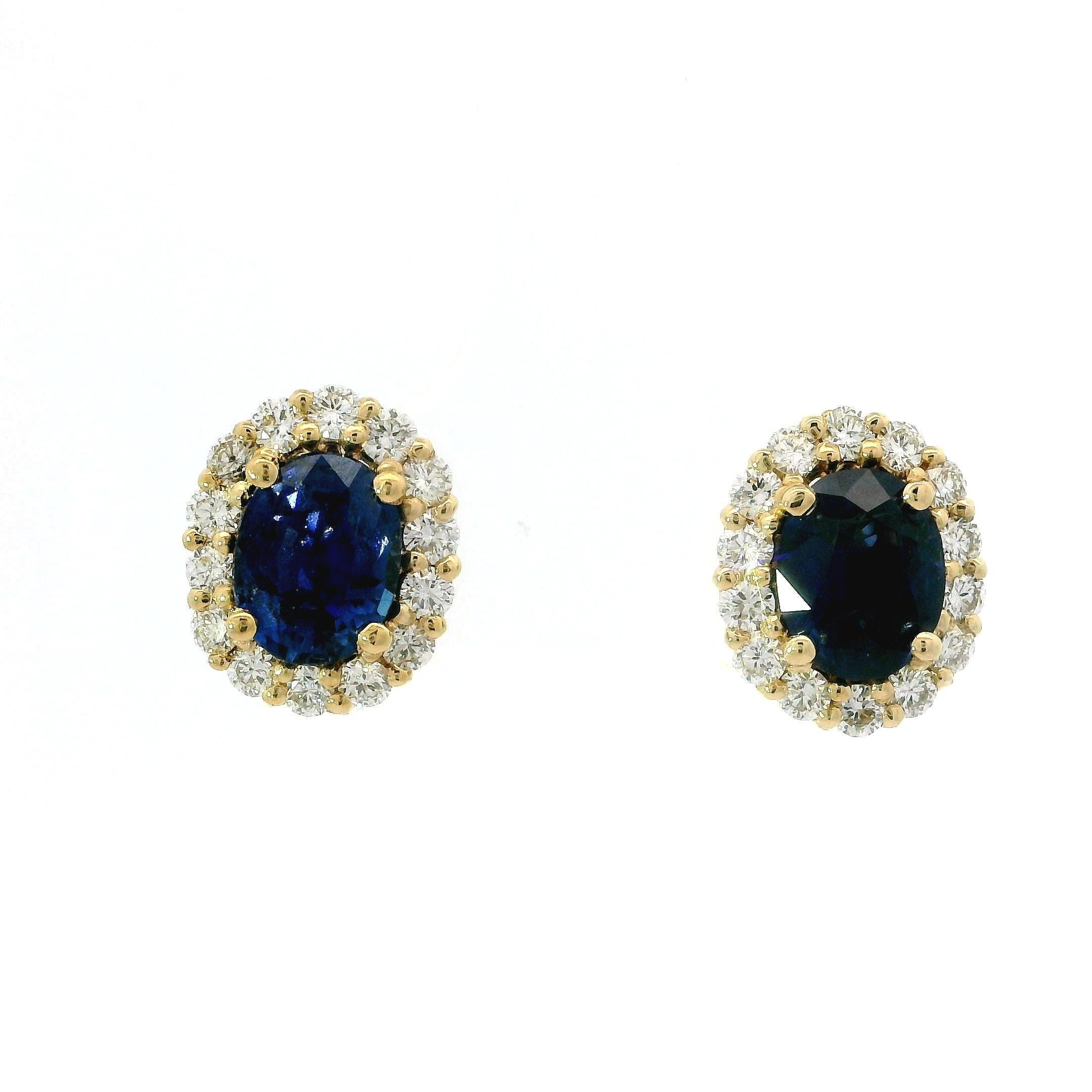 New 14k Yellow Gold GIA 2.62ctw Oval Sapphire w/ Diamond Halo Stud Earrings