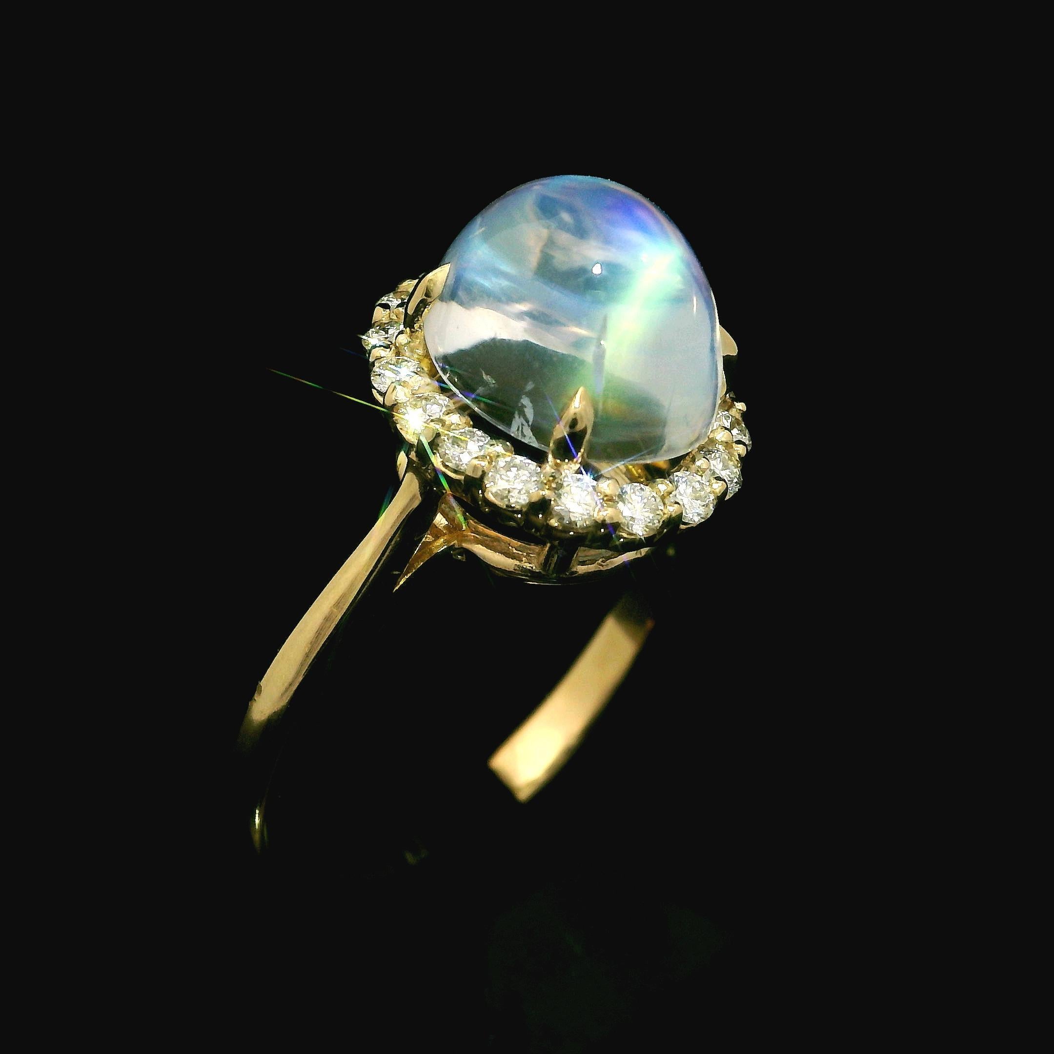 New! 14k Yellow Gold Gorgeous Clean Moonstone W/ Diamond Halo 4.69ctw Ring 6