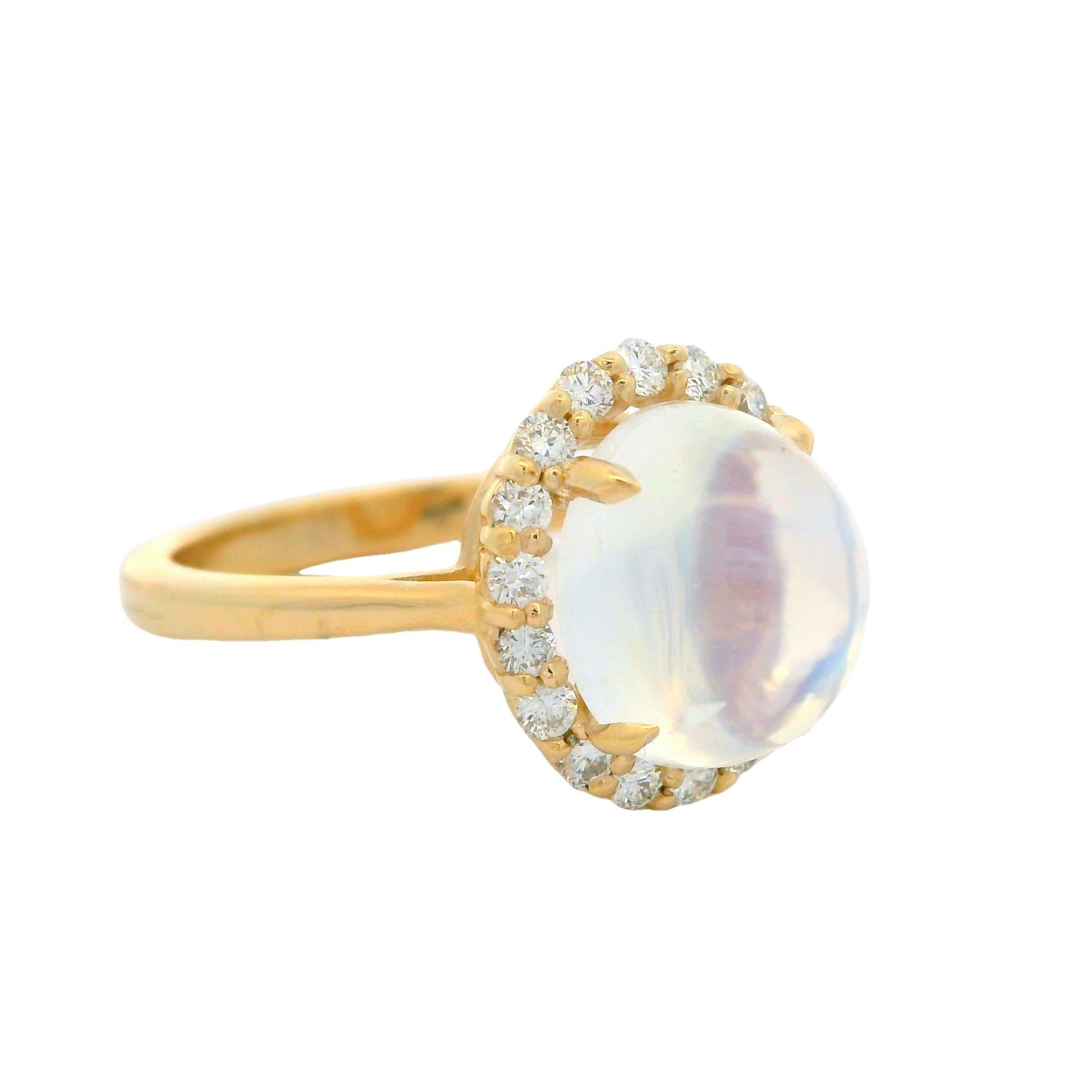 –Stone(s)–
(1) Natural Genuine Moonstone- Oval Cabochon - Prong Set - Soft Blue Color  - 10.3 x 8.49mm (approx.) - 4.33ctw (exact)
(18) Natural Genuine Diamond - Round Brilliant - Prong Set - F-G Color - VS1 - VS2 Clarity - 0.36ctw