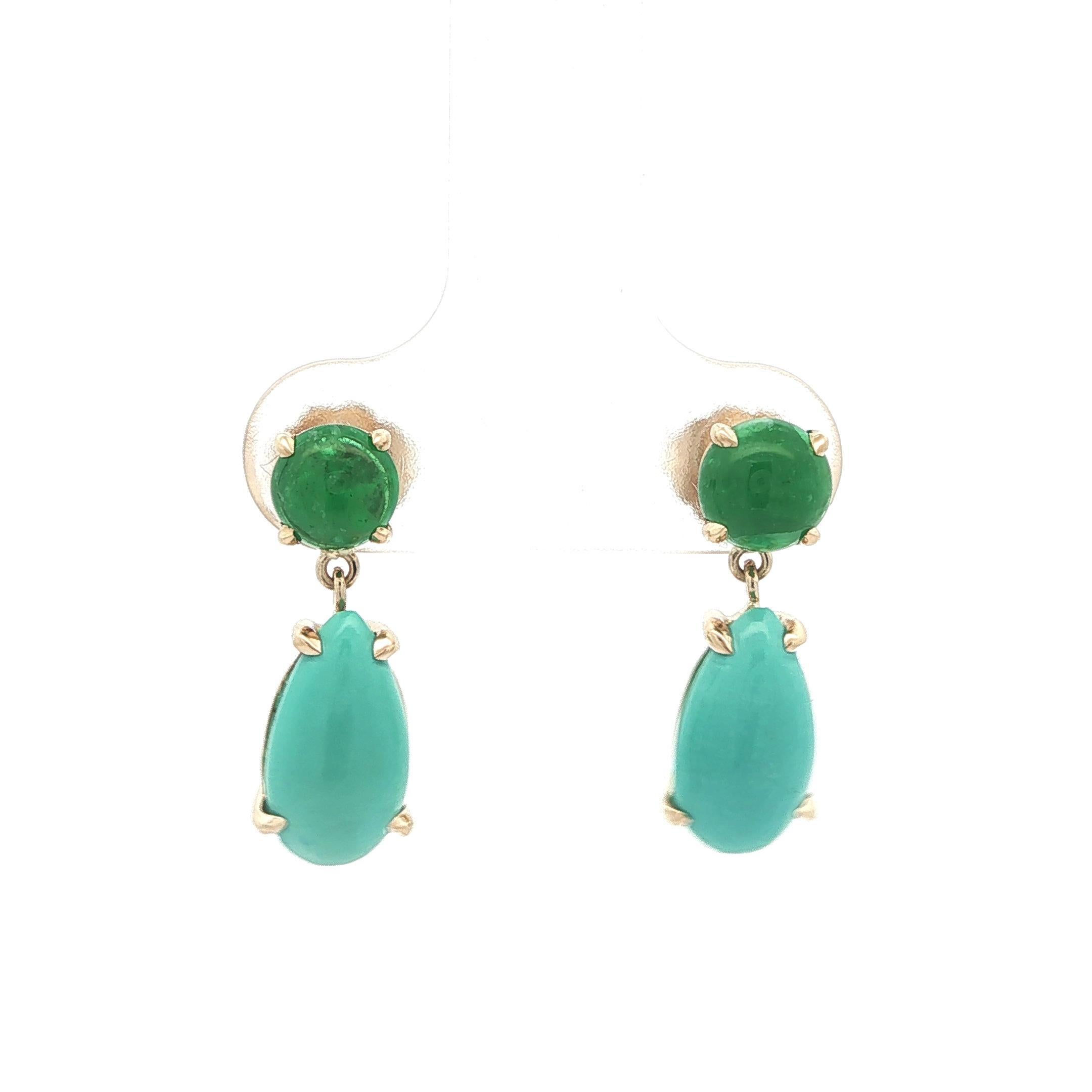 --Stone(s):--
(2) Natural Genuine Turquoises - Pear Cabochon Cut - Prong Set - Beautiful Turquoise Blue Color - 3.20ctw (exact)
(2) Natural Genuine Emeralds - Round Cabochon Cut - Prong Set - Fine Rich Green Color - 1.08ctw (exact)
Total Carat