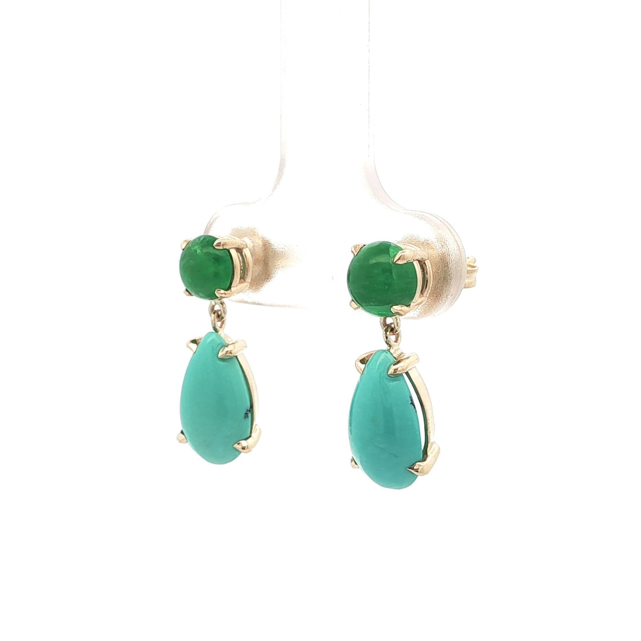 Women's New 14k Yellow Gold Round Emerald & Pear Cabochon Turquoise Dangle Drop Earrings For Sale