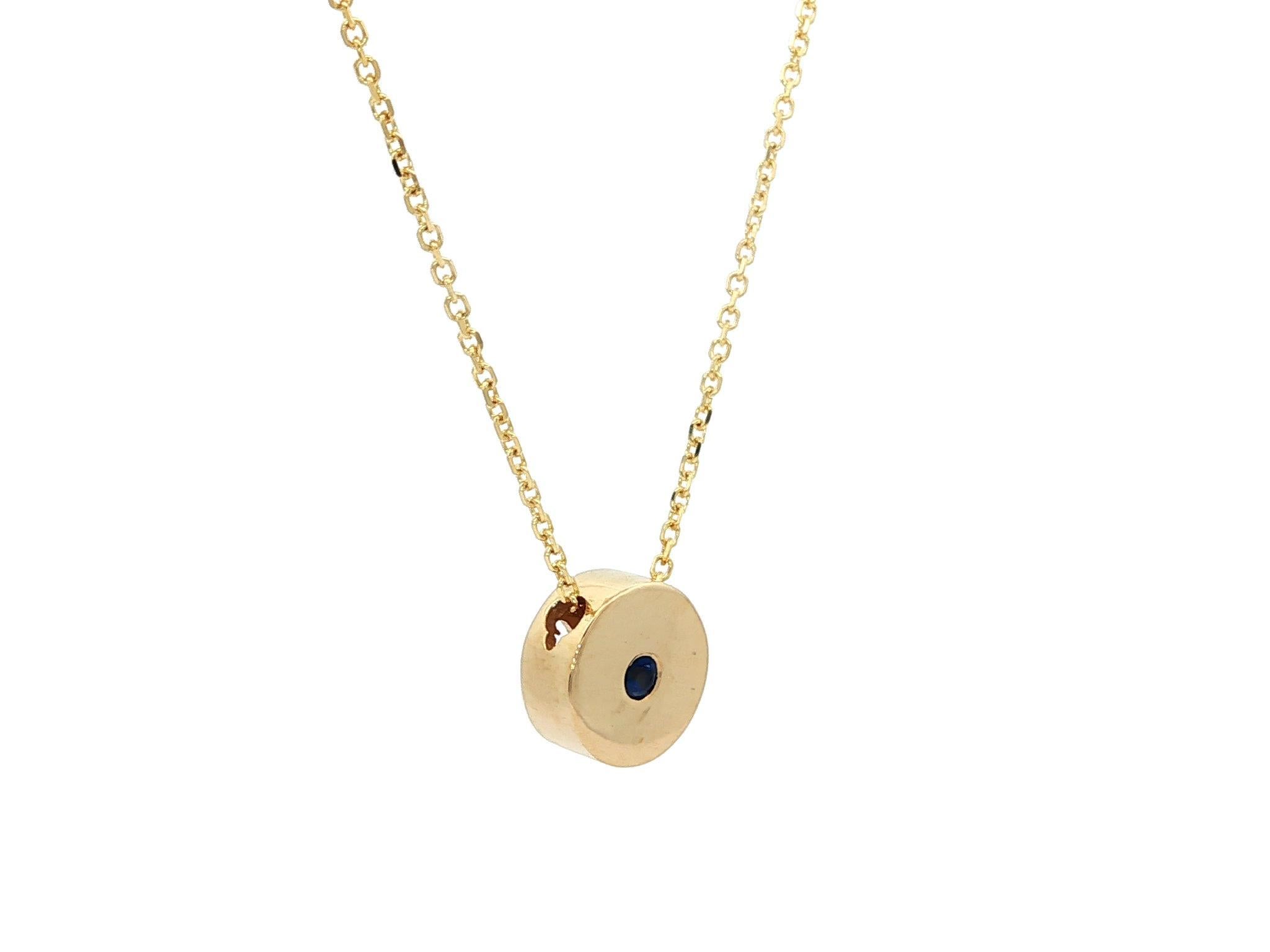 New 14k Yellow Gold Sapphire Round Disk Circle Slide Pendant Necklace Neuf - En vente à Montclair, NJ