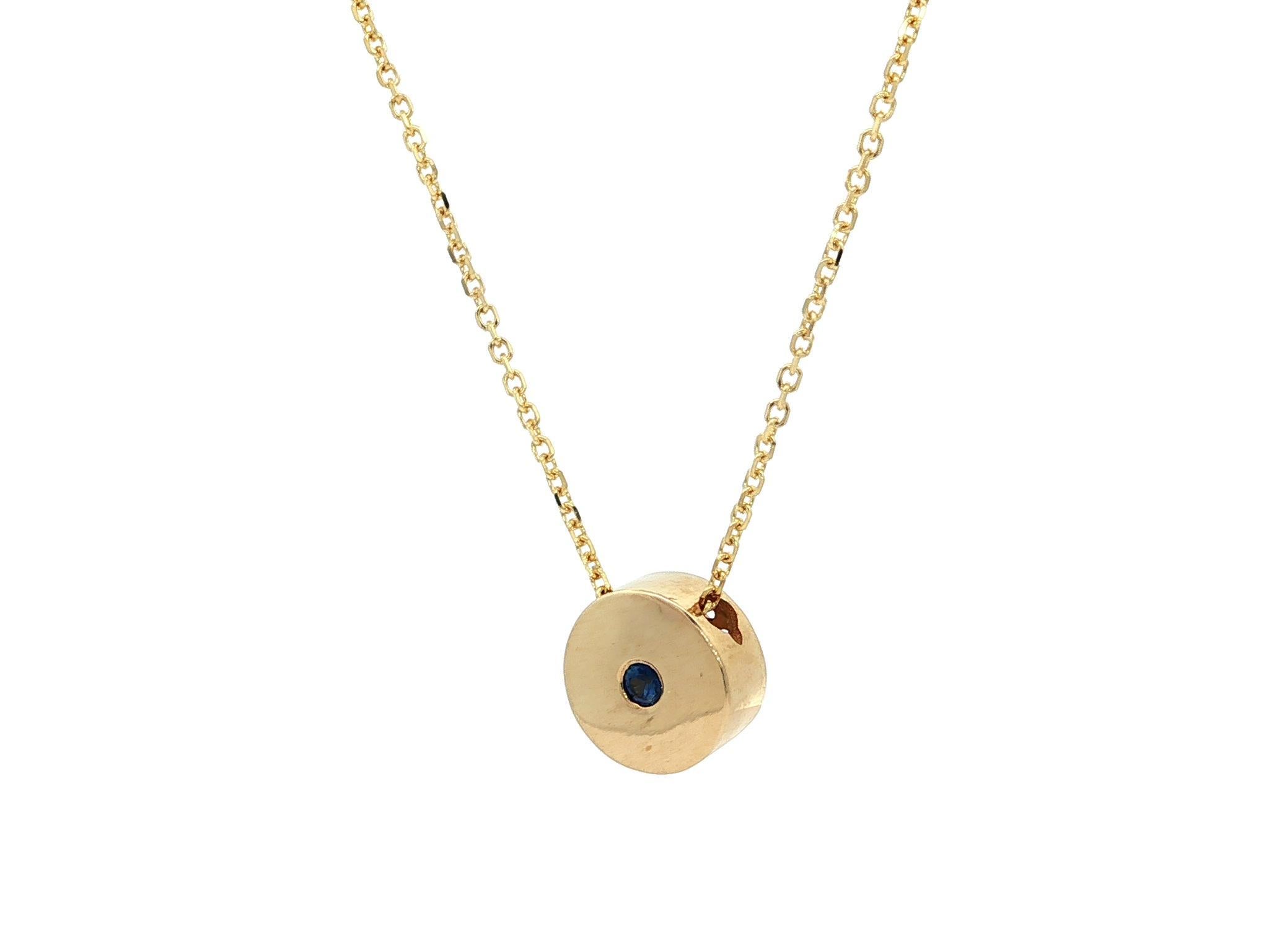New 14k Yellow Gold Sapphire Round Disk Circle Slide Pendant Necklace Pour femmes en vente