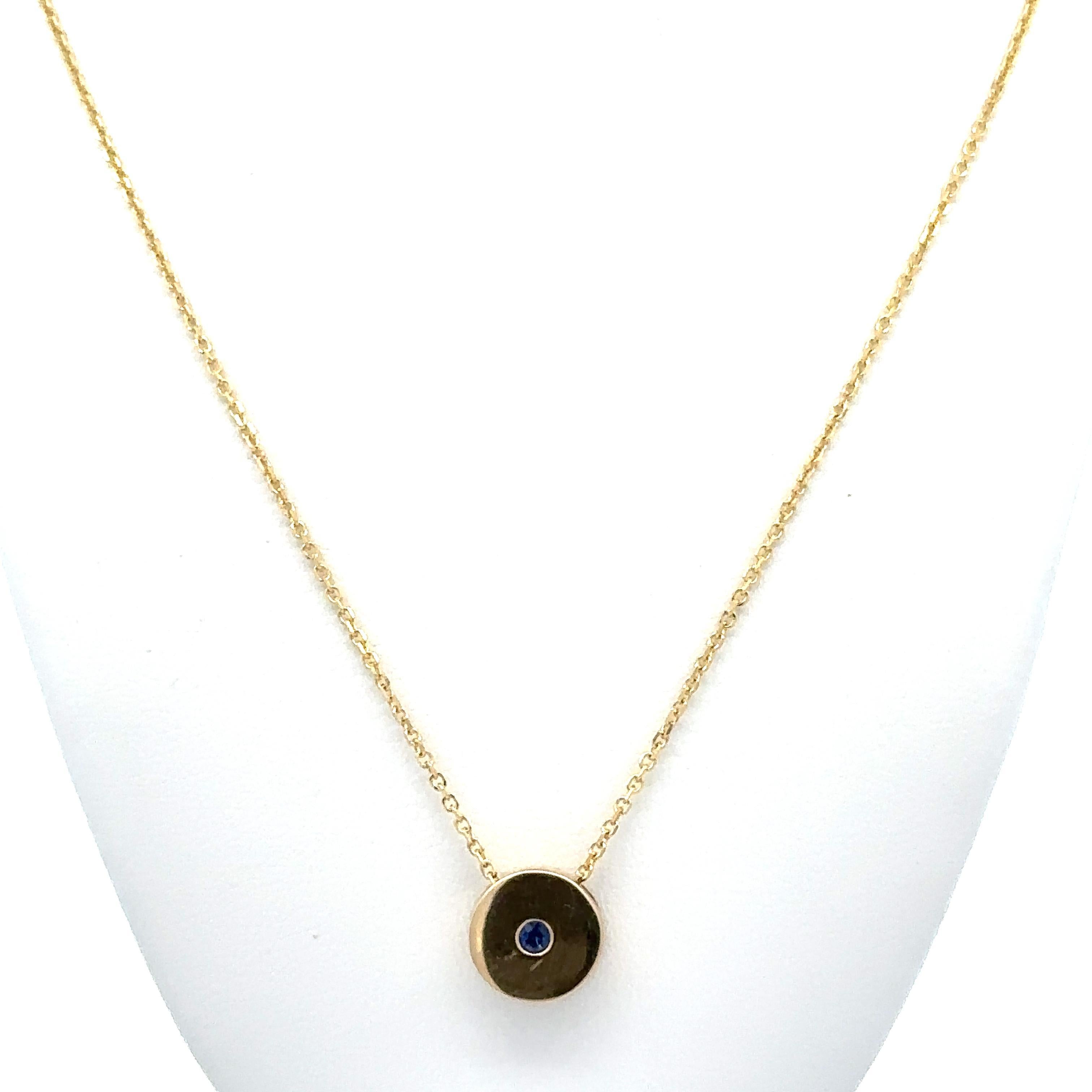 New 14k Yellow Gold Sapphire Round Disk Circle Slide Pendant Necklace en vente 2