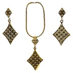 Neuer 14K Gelbgold & Sterlingsilber Art Deco Anhänger und Ohrringe