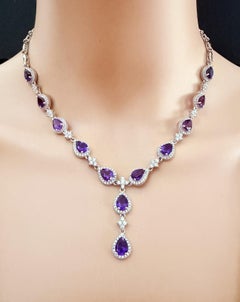 New 15 Carat Amethyst & Sapphire 14k White Gold PL Sterling Necklace 18"