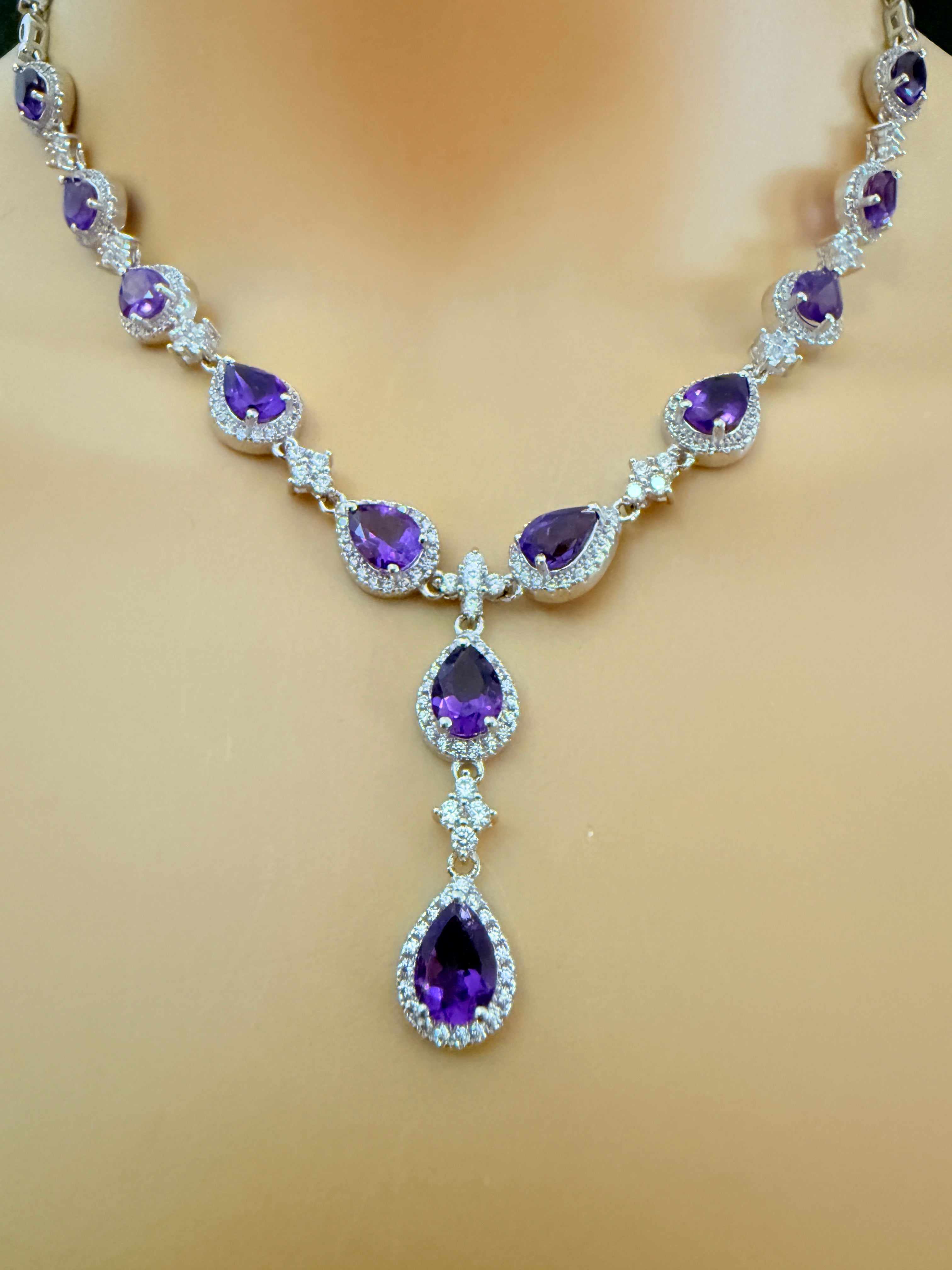 New 15 Carat Amethyst & Sapphire 14k White Gold PL Sterling Necklace 18"