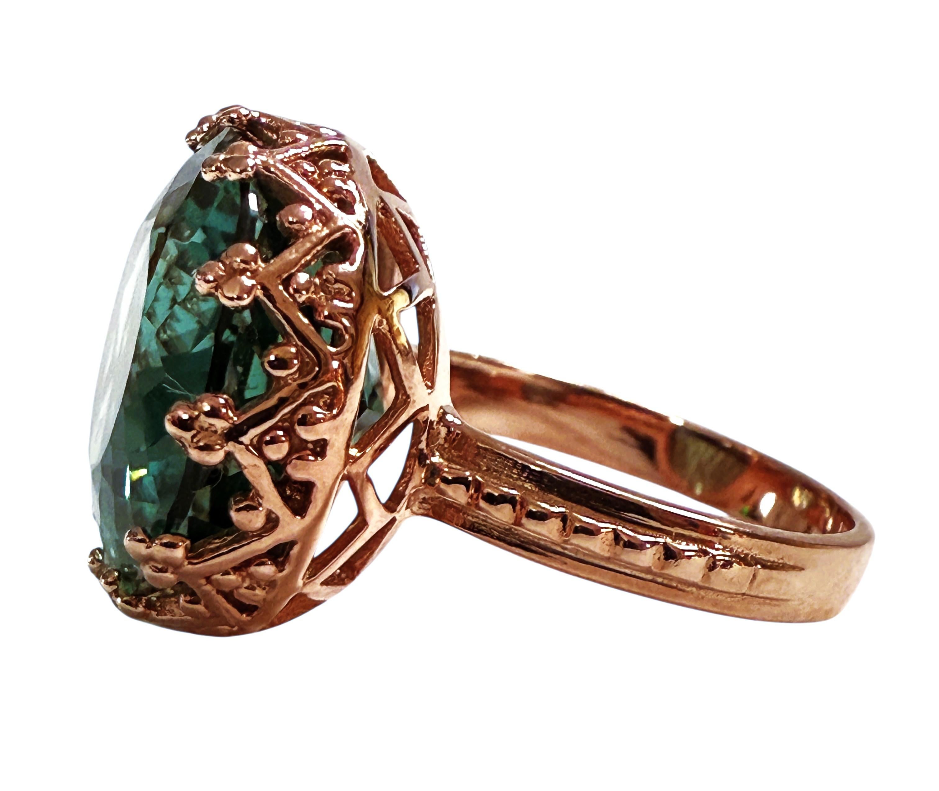 Art Déco New 15 Carat Teal Green Tourmaline in Diamond Crown Setting R Gold Sterling Ring in vendita