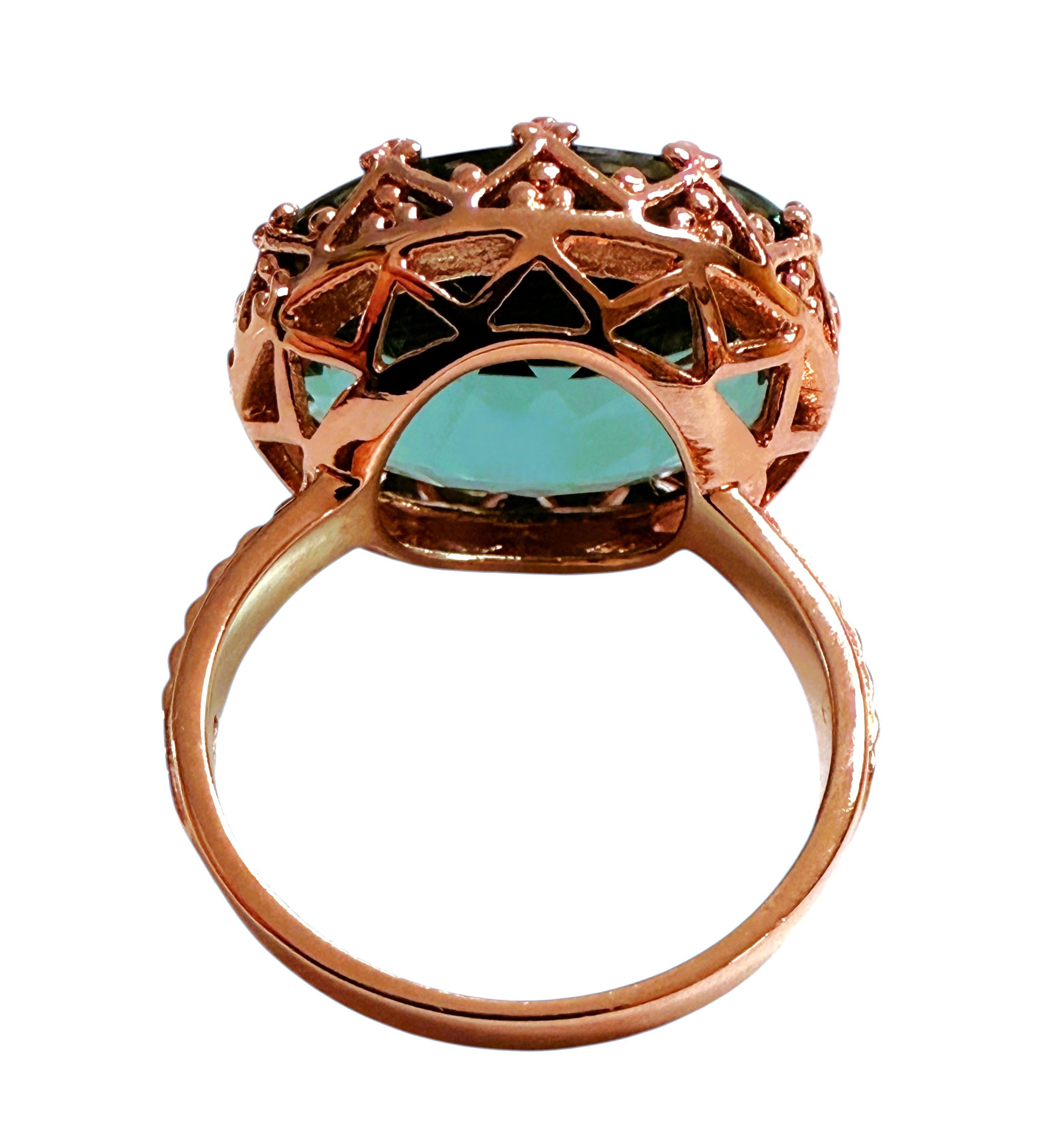 Taglio ovale New 15 Carat Teal Green Tourmaline in Diamond Crown Setting R Gold Sterling Ring in vendita