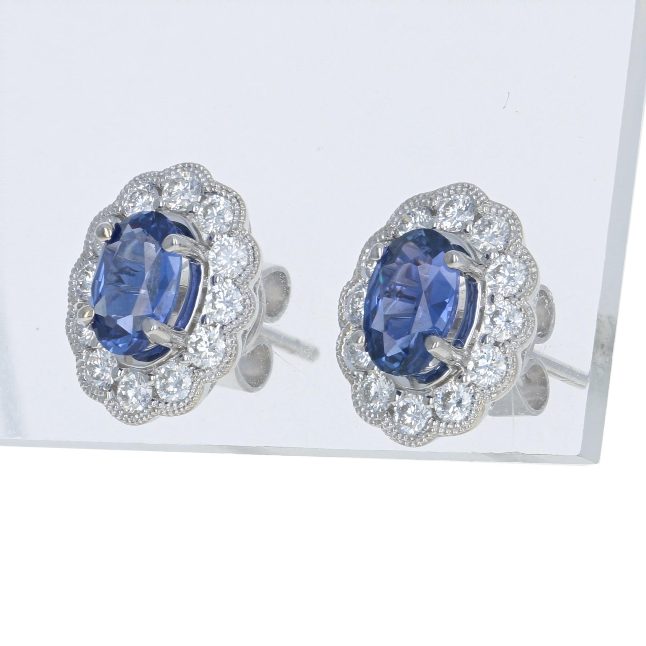 1.54 Carat Oval Cut Sapphire and Diamond Earrings, 14k Gold Pierced Halo Studs In New Condition In Greensboro, NC