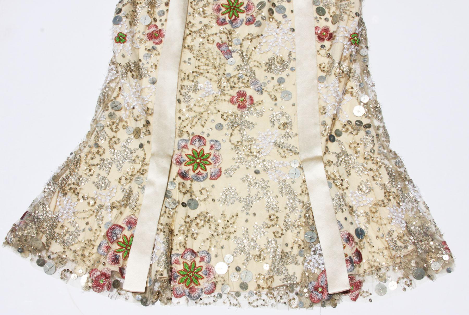 New $1595 Naeem Khan Fully Embellished Silk Tulle Beige Skirt US 4 For Sale 6