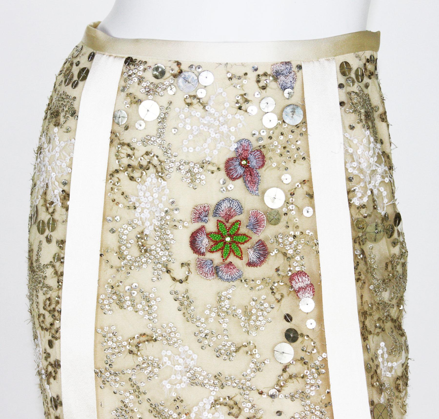 Women's New $1595 Naeem Khan Fully Embellished Silk Tulle Beige Skirt US 4 For Sale