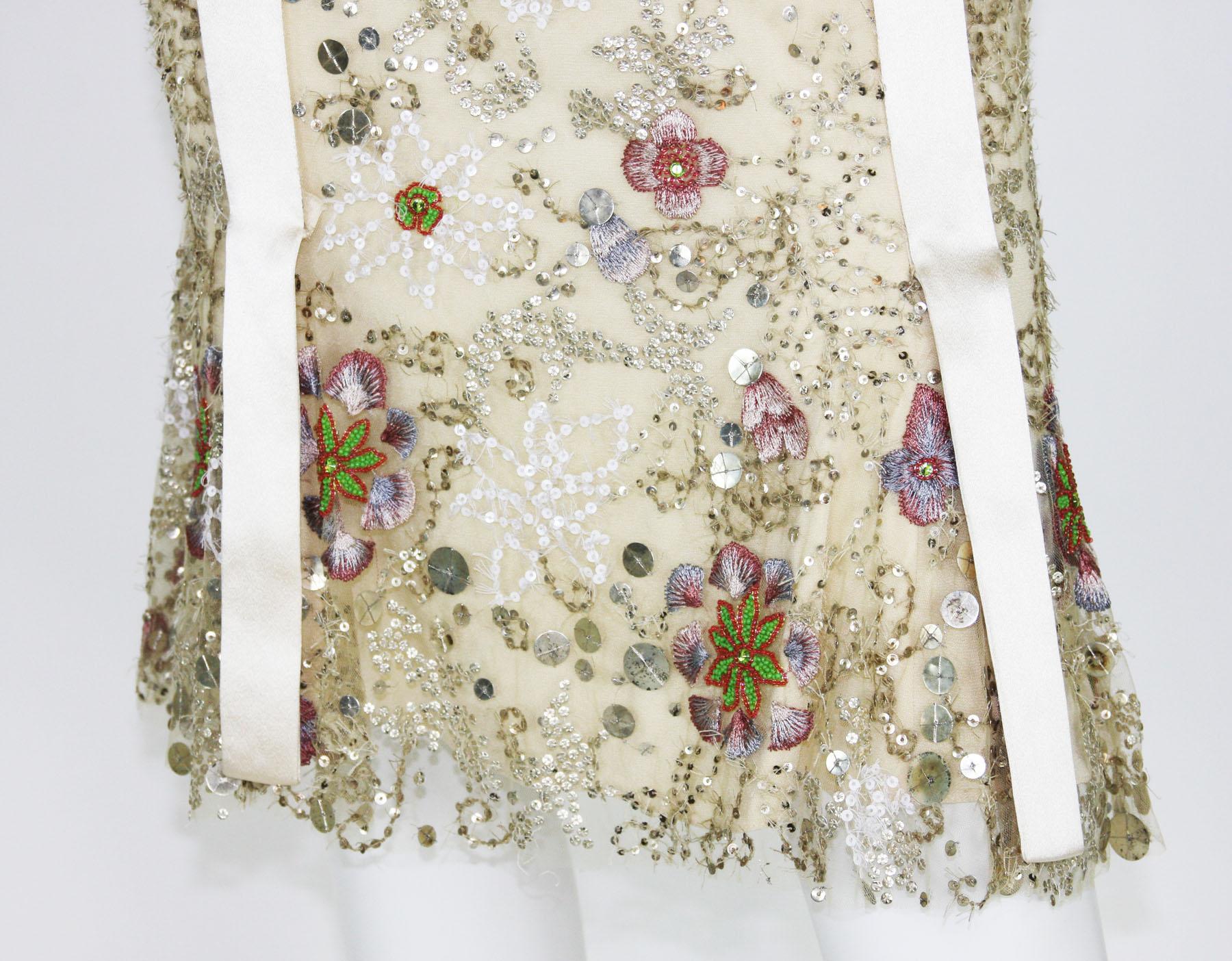New $1595 Naeem Khan Fully Embellished Silk Tulle Beige Skirt US 4 For Sale 2