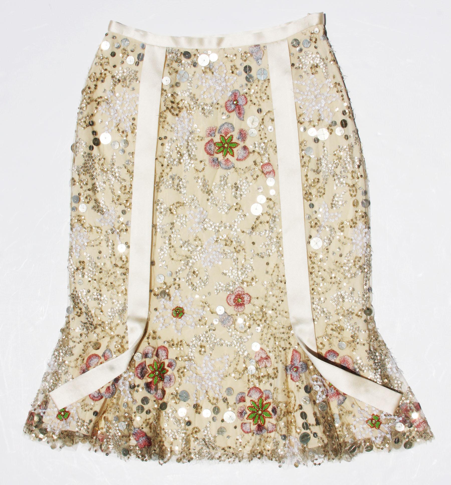 New $1595 Naeem Khan Fully Embellished Silk Tulle Beige Skirt US 4 For Sale 3