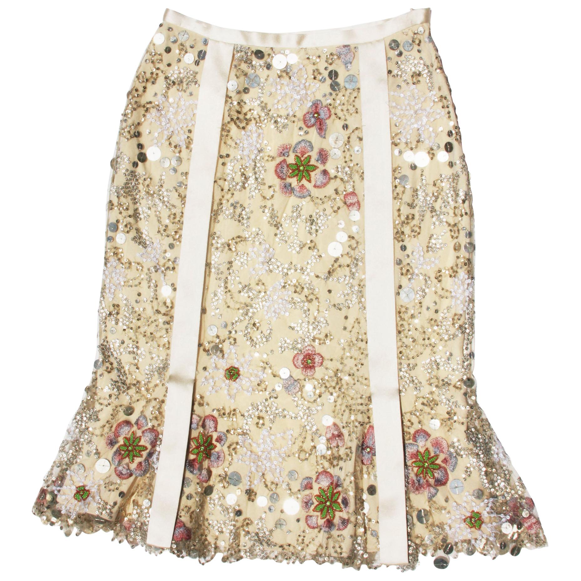 New $1595 Naeem Khan Fully Embellished Silk Tulle Beige Skirt US 4 For Sale