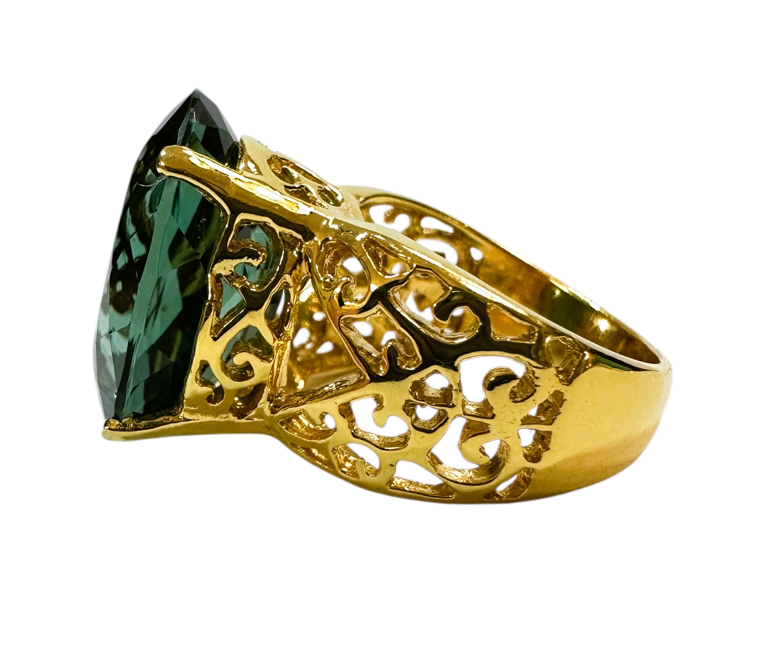 Art Deco New 16 Carat Forest Green Tourmaline in Diamond Cut R Gold PL Sterling Ring