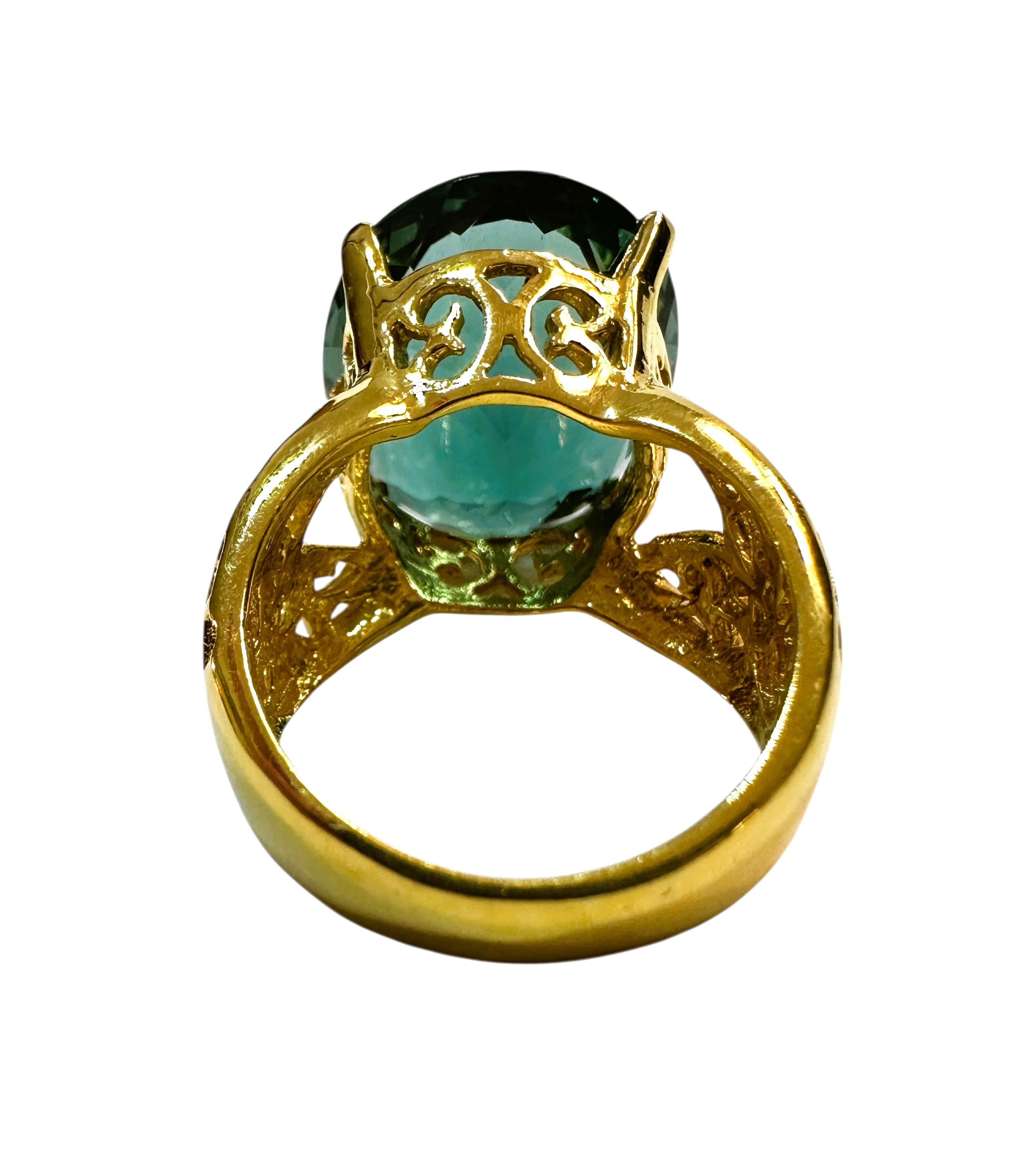 Oval Cut New 16 Carat Forest Green Tourmaline in Diamond Cut R Gold PL Sterling Ring