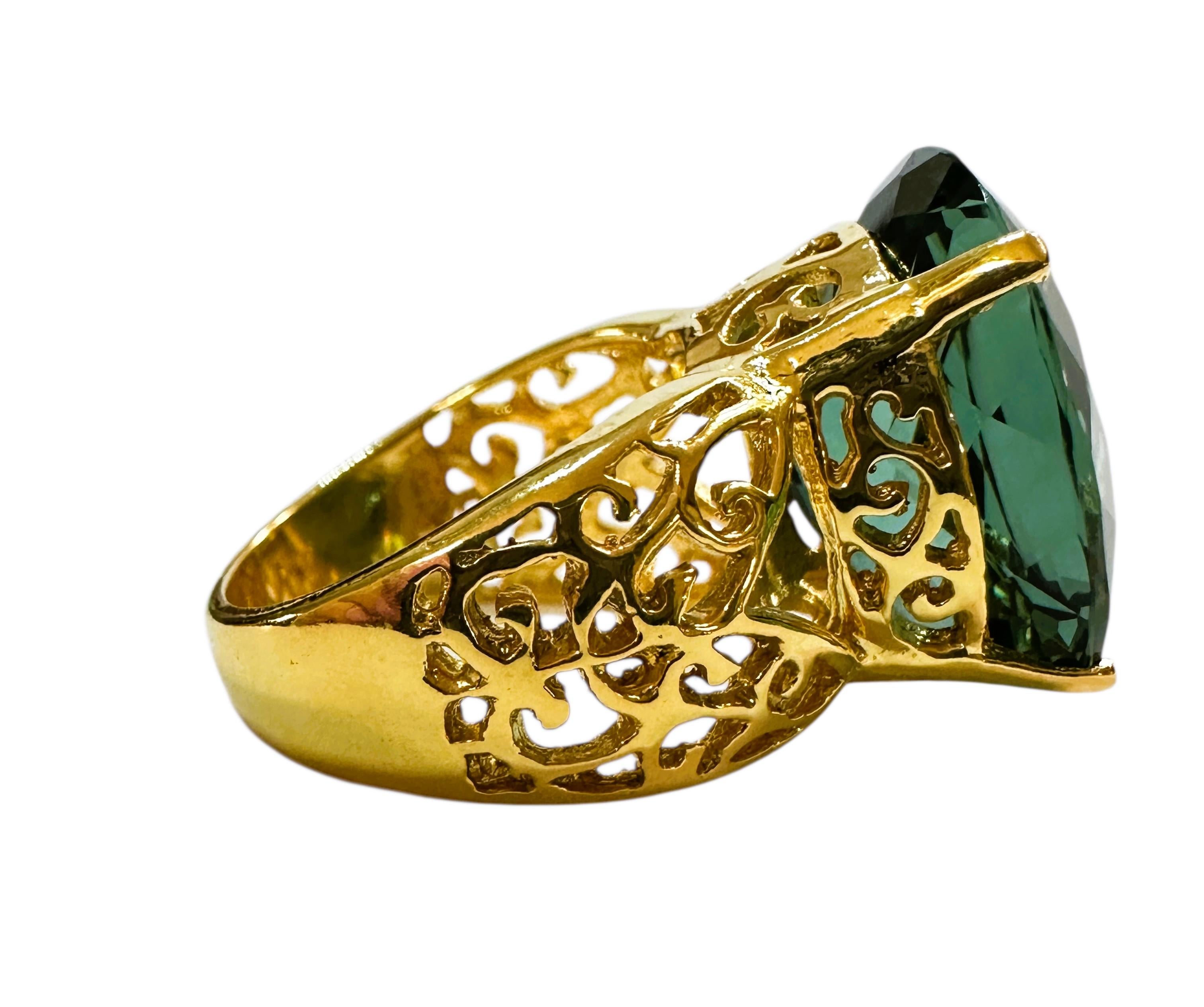 New 16 Carat Forest Green Tourmaline in Diamond Cut R Gold PL Sterling Ring In New Condition In Eagan, MN
