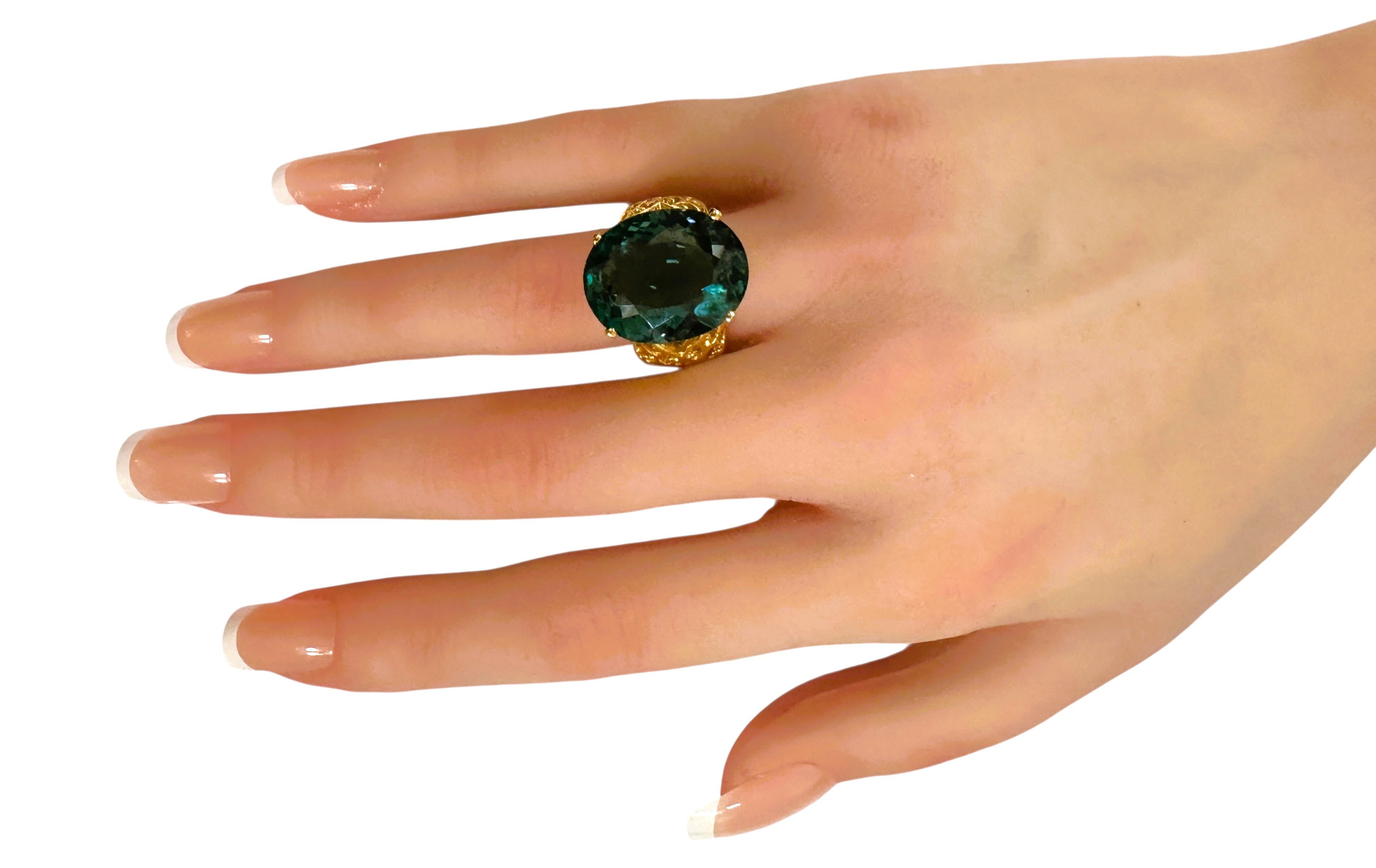 Women's New 16 Carat Forest Green Tourmaline in Diamond Cut R Gold PL Sterling Ring