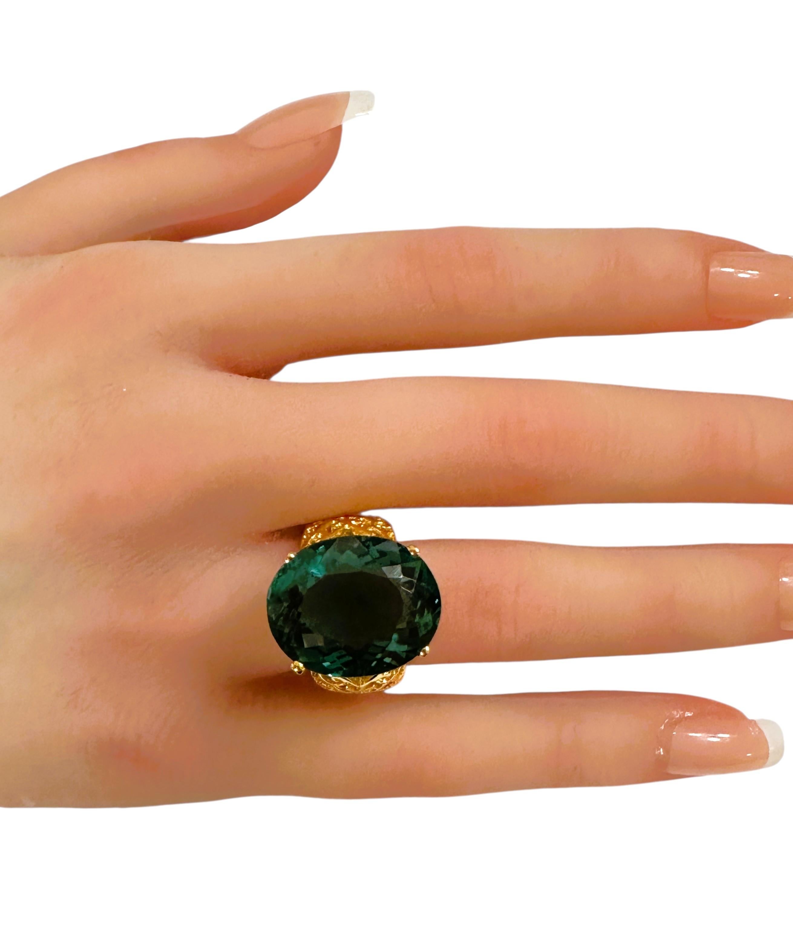 New 16 Carat Forest Green Tourmaline in Diamond Cut R Gold PL Sterling Ring 1