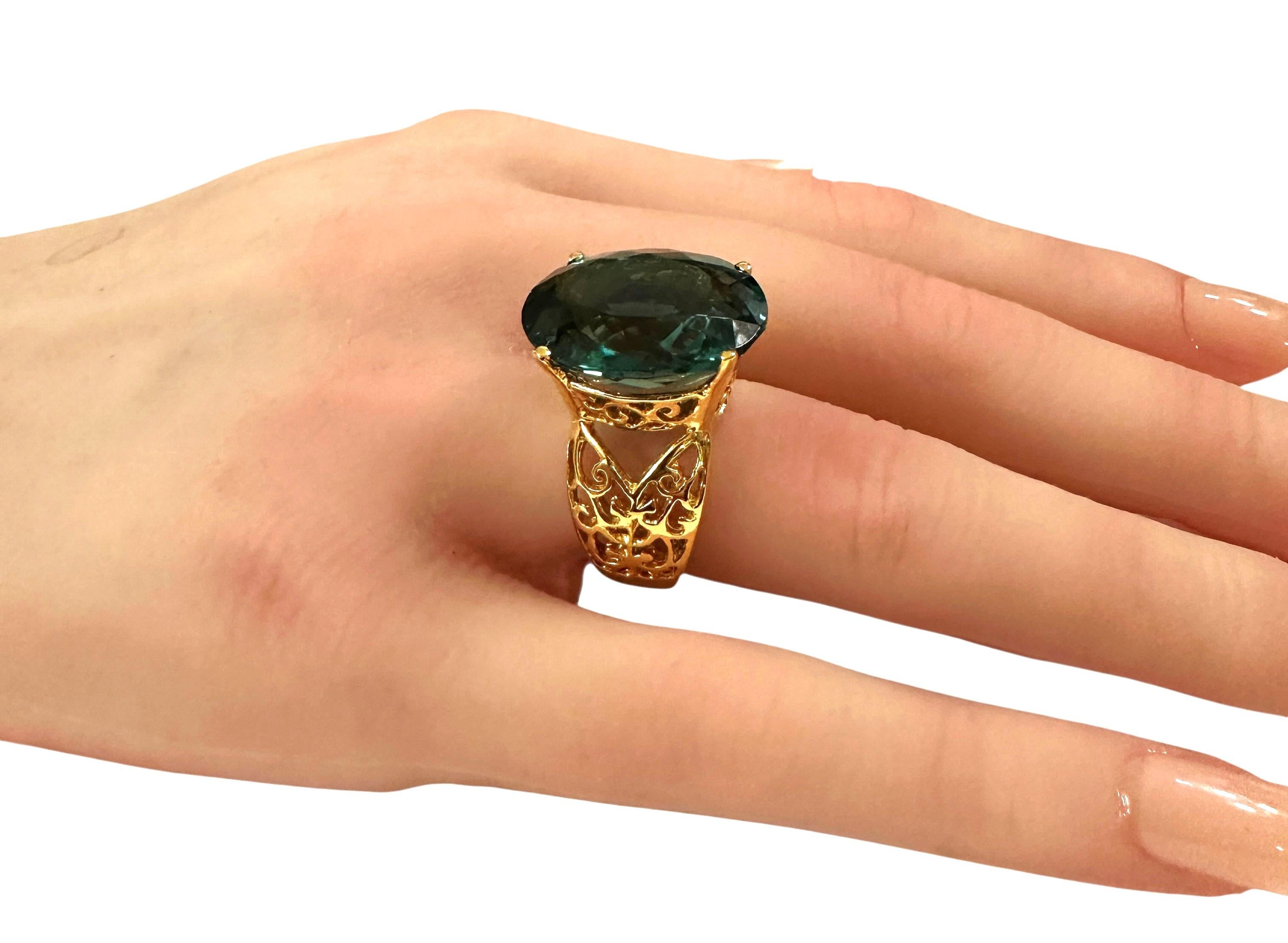 New 16 Carat Forest Green Tourmaline in Diamond Cut R Gold PL Sterling Ring 3
