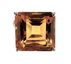 New 16 Carat Square Cut Deep Citrine Solitaire 14k White Gold PL Sterling Ring