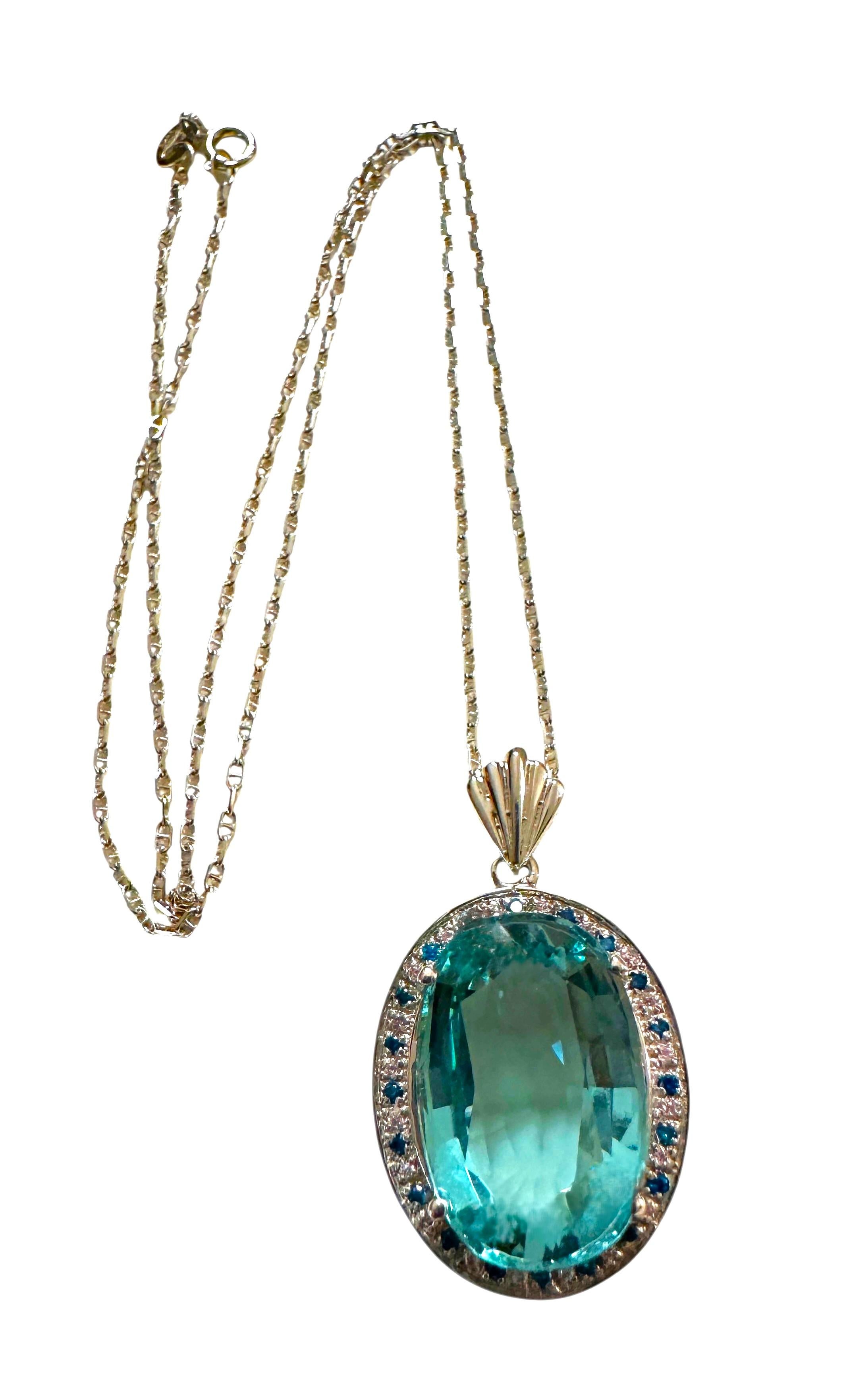 Oval Cut New 16.1 Carat Aquamarine & Diamond Cut Sapphire Sterling Pendant Necklace