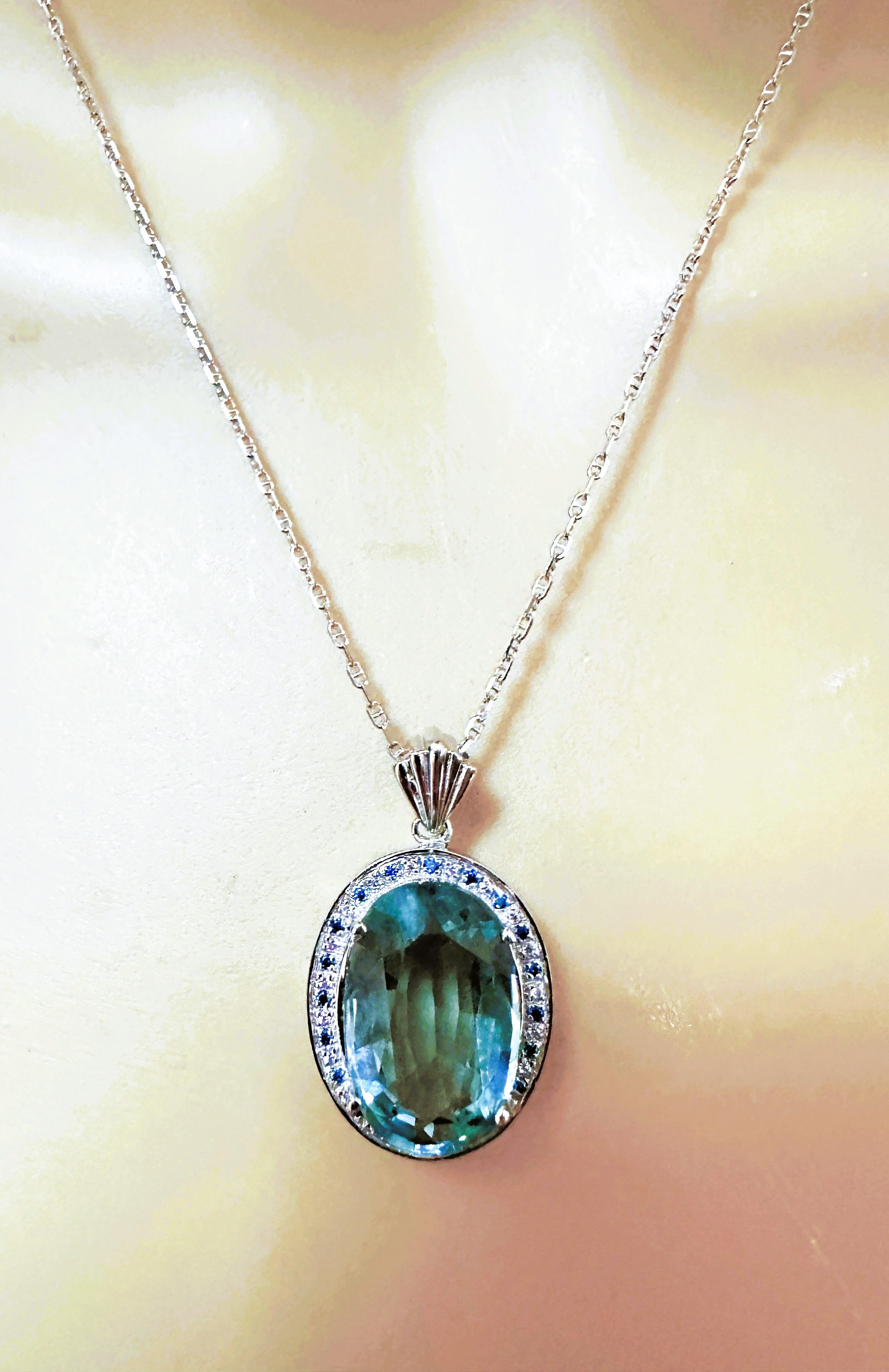 Women's New 16.1 Carat Aquamarine & Diamond Cut Sapphire Sterling Pendant Necklace
