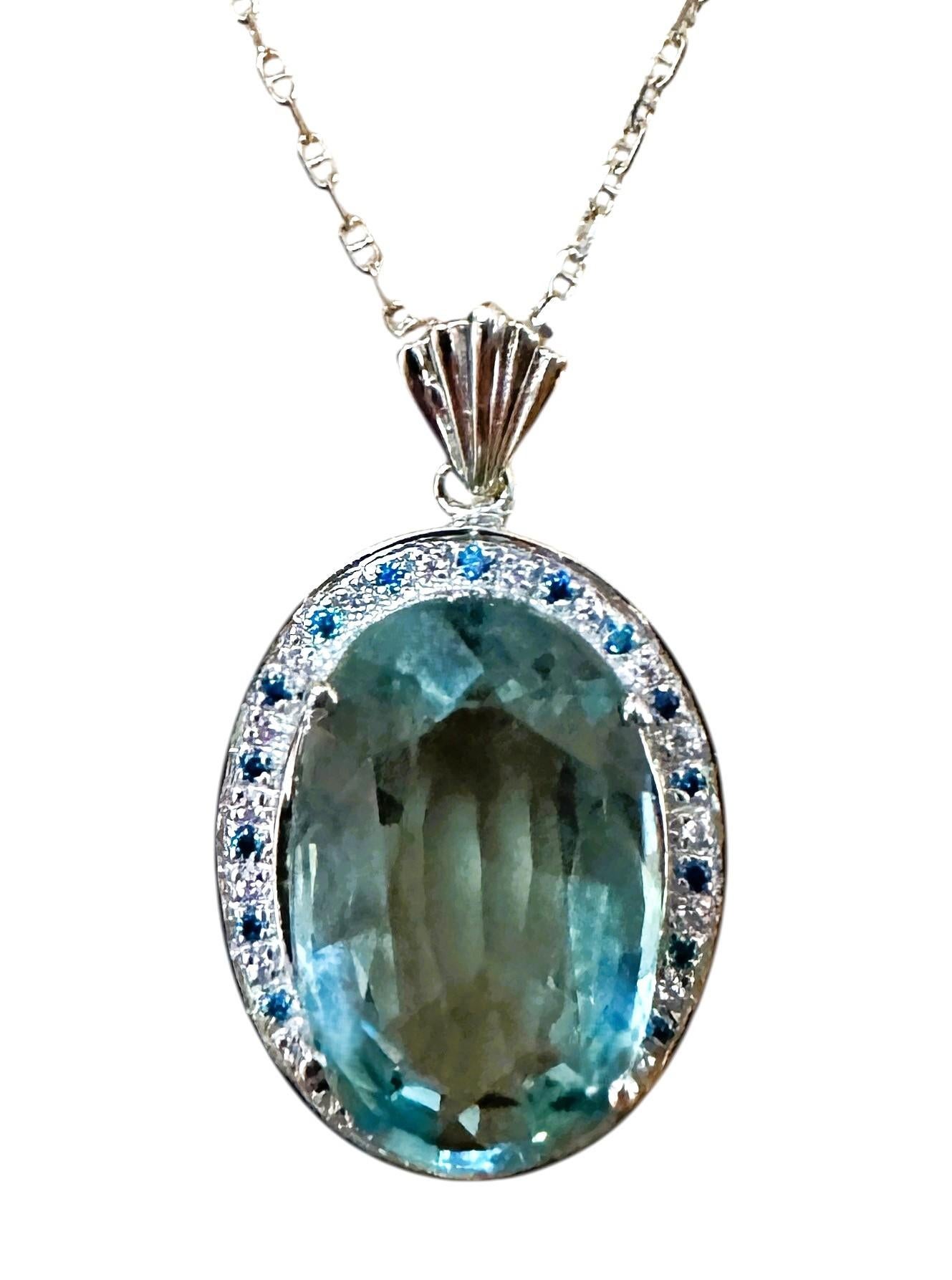 New 16.1 Carat Aquamarine & Diamond Cut Sapphire Sterling Pendant Necklace 3